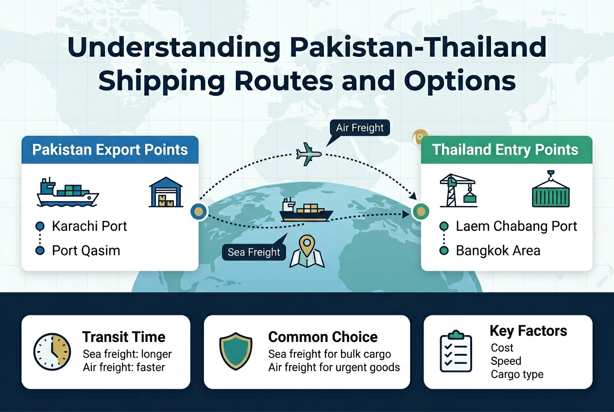 Create a full-bleed professional infographic in 3:2 aspect ratio with a clean modern corporate style, deep navy, teal, white, and gold accents, subtle map-grid background, bold sans-serif typography, and strong visual hierarchy. Top center: large bold heading in dark navy text, exactly: "Understanding Pakistan-Thailand Shipping Routes and Options" Below the title, use a wide horizontal central layout with three main sections and connecting route lines. Left section: a Pakistan origin panel with a cargo ship icon and a small port/warehouse icon, labeled in a blue header bar exactly: "Pakistan Export Points" Include two bullet items with small circular markers: "Karachi Port" "Port Qasim" Center section: a stylized route map with a dotted line across the sea from Pakistan to Thailand, a globe/sea background, a cargo ship icon on the route, and a small airplane icon above the route. Place a compass/map marker icon near the line. Add a small label above the route exactly: "Sea Freight" Add a second shorter dotted line with airplane icon and label exactly: "Air Freight" Right section: a Thailand destination panel with a port crane icon and container icon, labeled in a green header bar exactly: "Thailand Entry Points" Include two bullet items: "Laem Chabang Port" "Bangkok Area" Bottom wide band divided into three equal blocks with icons and short text, each in a rounded rectangle card: Card 1 with clock icon and text exactly: "Transit Time" "Sea freight: longer" "Air freight: faster" Card 2 with shield icon and text exactly: "Common Choice" "Sea freight for bulk cargo" "Air freight for urgent goods" Card 3 with checklist icon and text exactly: "Key Factors" "Cost" "Speed" "Cargo type" Use clear spacing, neat alignment, and simple line icons. Keep the layout wide and balanced, with no vertical poster stack.