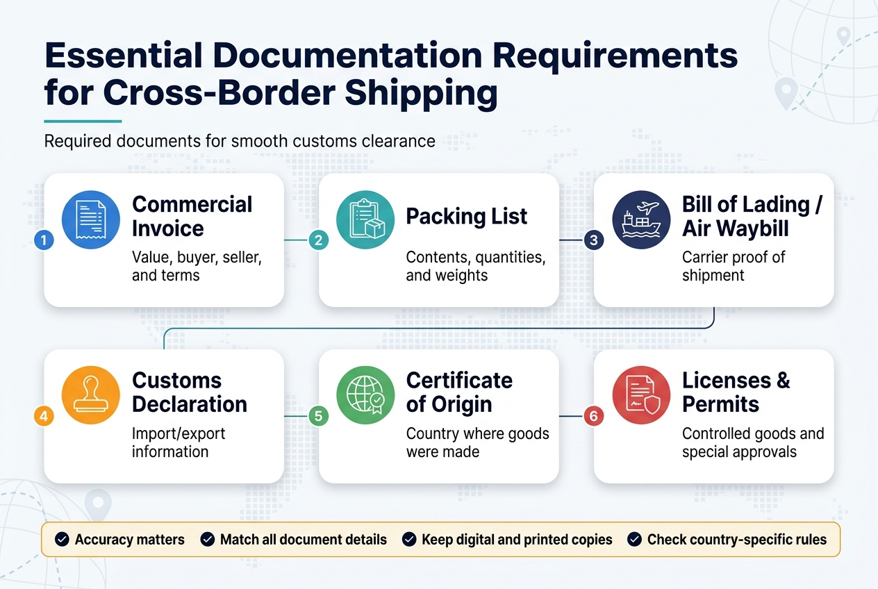 Full-bleed professional infographic in a 3:2 landscape layout, clean white background with blue, navy, teal, and orange accents, modern sans-serif typography, bold title at the top: "Essential Documentation Requirements for Cross-Border Shipping". Use a wide horizontal multi-section layout with six numbered document blocks across the center and lower area, each with a clear icon and short label. Top header area: large bold navy title centered-left, with a thin teal underline. Small subtitle text under the title: "Required documents for smooth customs clearance". Main content arranged in two rows of three rounded rectangular panels, evenly spaced across the width: 1. Panel with a blue invoice icon and the text "Commercial Invoice" and smaller text "Value, buyer, seller, and terms". 2. Panel with a teal box/clipboard icon and the text "Packing List" and smaller text "Contents, quantities, and weights". 3. Panel with a navy ship/air freight icon and the text "Bill of Lading / Air Waybill" and smaller text "Carrier proof of shipment". 4. Panel with an orange customs stamp icon and the text "Customs Declaration" and smaller text "Import/export information". 5. Panel with a green globe/certificate icon and the text "Certificate of Origin" and smaller text "Country where goods were made". 6. Panel with a red shield/document icon and the text "Licenses & Permits" and smaller text "Controlled goods and special approvals". Bottom section spanning the width: a highlighted checklist bar with three small icon bullets and bold text: "Accuracy matters" "Match all document details" "Keep digital and printed copies" "Check country-specific rules" Add a slim visual flow line connecting the six panels from left to right. Use subtle map-grid and shipping-route motifs in the background, very light and unobtrusive. Keep the layout spacious, balanced, and highly readable, with no vertical poster framing and no dense text blocks.