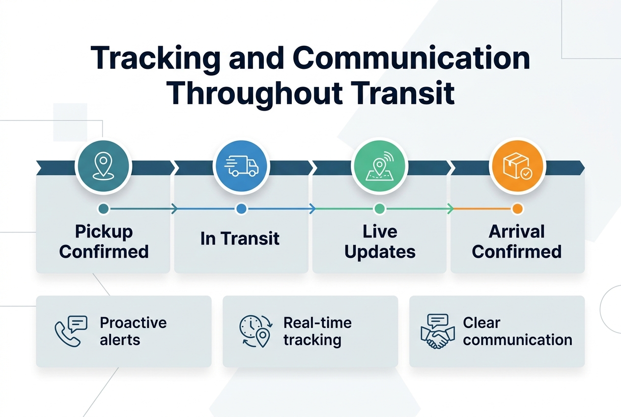 Create a full-bleed 3:2 landscape infographic with a clean modern corporate style, white background with deep blue, teal, and gray accents, bold sans-serif typography, and clear visual hierarchy. At the top center, place a large bold heading in dark navy text: "Tracking and Communication Throughout Transit". Below the heading, create a wide horizontal 4-step timeline spanning the page from left to right with connected arrows. Use four evenly spaced sections with colored circular icons above each label: 1) Left section: a location pin icon in teal, label: "Pickup Confirmed" 2) Second section: a moving truck icon in blue, label: "In Transit" 3) Third section: a tracking map-pin and signal waves icon in green, label: "Live Updates" 4) Right section: a delivery box and checkmark icon in orange, label: "Arrival Confirmed" Add a thin progress line connecting all four sections across the center. Beneath the timeline, place three wide rectangular info blocks in a row with small icons and short text: - Left block with a phone/chat icon and text: "Proactive alerts" - Middle block with a clock/location icon and text: "Real-time tracking" - Right block with a handshake/message icon and text: "Clear communication" Use subtle geometric background shapes, minimal shadows, crisp spacing, and a professional infographic layout with no inset border, no poster frame, and no vertical stack.