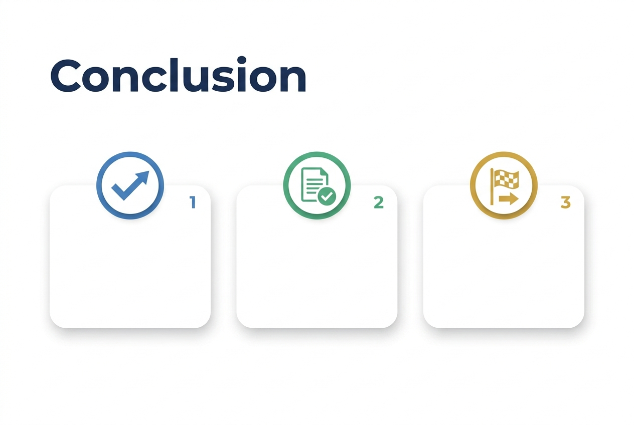 Aspect ratio 3:2, full-bleed clean professional infographic. Large bold heading at the top left in modern sans-serif font: "Conclusion". Wide horizontal layout with three evenly spaced conclusion blocks across the center, each in a soft rounded rectangle. Block 1: blue circular icon with a checkmark and a subtle upward arrow, labeled only with a small number "1". Block 2: green circular icon with a summary document and a checkmark, labeled only with a small number "2". Block 3: gold circular icon with a finish flag and forward arrow, labeled only with a small number "3". Minimal body space with no extra text. Use white background, navy title, blue/green/gold accent colors, subtle shadows, crisp vector style, balanced spacing, modern corporate infographic design.