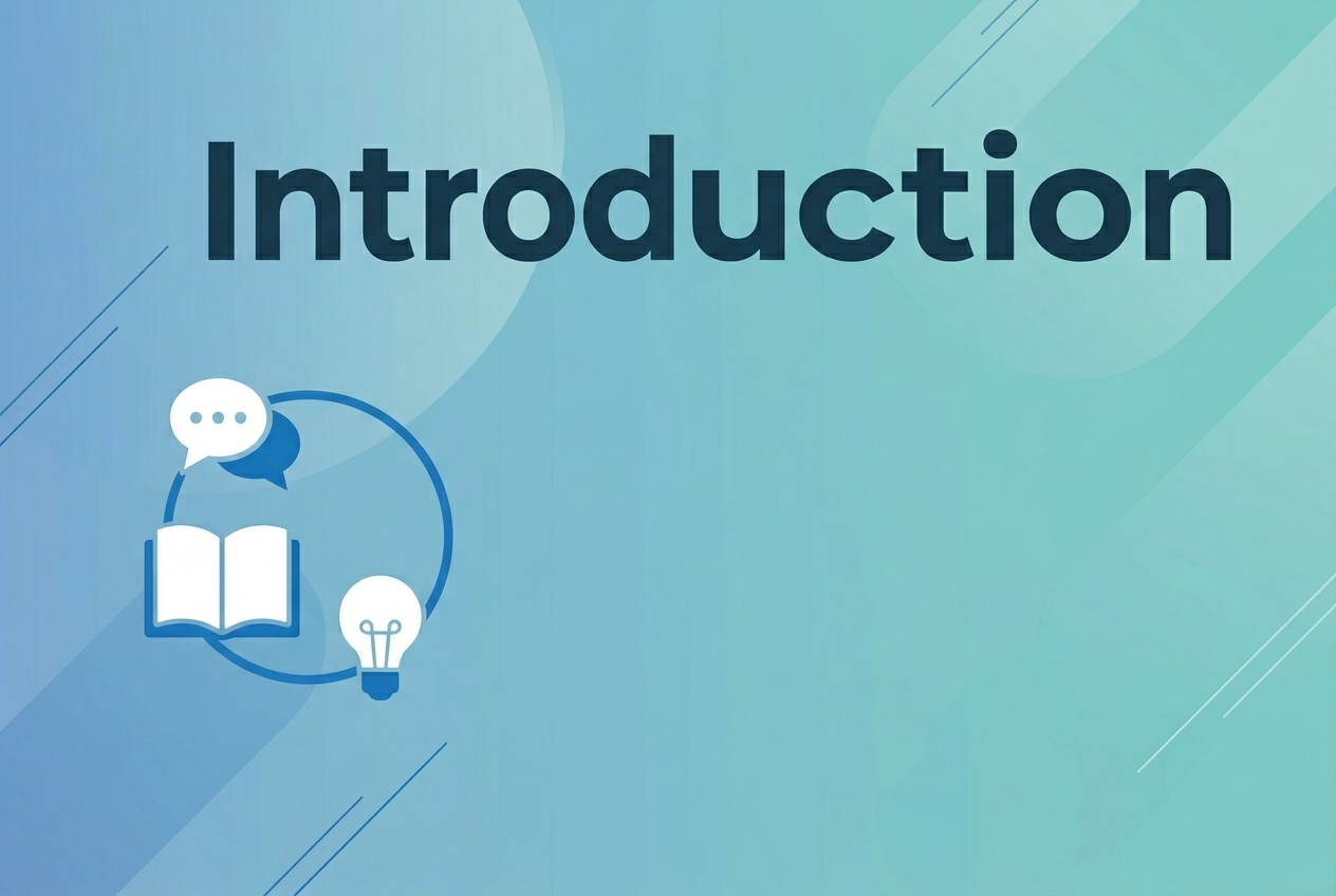 Full-bleed 3:2 landscape infographic title slide with a clean modern professional design. Large bold heading text at the top center: "Introduction". Wide horizontal composition with a subtle blue-to-teal gradient background, soft abstract geometric shapes, and thin line accents. Place a simple circular icon cluster on the left side using minimal flat icons: a speech bubble, an open book, and a lightbulb in white and blue. Keep the right side open and spacious with the title as the main focal point. Use a sans-serif font, strong contrast, crisp edges, and balanced whitespace. No other text.