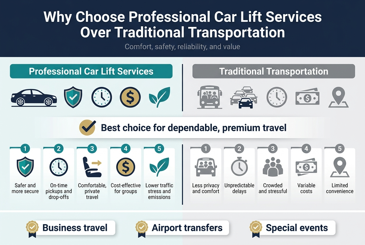 3:2 aspect ratio, full-bleed professional infographic illustration with a clean modern layout, wide horizontal composition, no inset frame, no vertical poster stack. Large bold headline at the top center: "Why Choose Professional Car Lift Services Over Traditional Transportation". Use a navy, teal, white, and light gray color palette with gold accents. Use modern sans-serif fonts with strong hierarchy.

Main layout: split-screen comparison across the center, with "Professional Car Lift Services" on the left and "Traditional Transportation" on the right, separated by a vertical divider. Use five numbered horizontal benefit blocks running across the lower half of the design, each with a clear icon and short label.

Top section:
- Bold title at top center
- Small subtitle beneath title in lighter text: "Comfort, safety, reliability, and value"

Left side panel, labeled in a teal header bar: "Professional Car Lift Services"
- Icon row with a luxury car, shield, clock, dollar sign, and leaf
- Five benefit blocks with icons and short text:
  1. Shield icon: "Safer and more secure"
  2. Clock icon: "On-time pickups and drop-offs"
  3. Comfort seat icon: "Comfortable, private travel"
  4. Dollar sign icon: "Cost-effective for groups"
  5. Leaf icon: "Lower traffic stress and emissions"

Right side panel, labeled in a gray header bar: "Traditional Transportation"
- Use muted icons: crowded bus, traffic jam, waiting clock, cash, and location pin
- Five matching drawback blocks with short text:
  1. "Less privacy and comfort"
  2. "Unpredictable delays"
  3. "Crowded and stressful"
  4. "Variable costs"
  5. "Limited convenience"

Center highlight band across the middle with a large checkmark and text:
"Best choice for dependable, premium travel"

Bottom strip with three highlighted badges:
- "Business travel"
- "Airport transfers"
- "Special events"

Use clean spacing, crisp iconography, subtle shadows, and balanced wide sections. Keep all text sharp and readable, with a polished corporate infographic style.