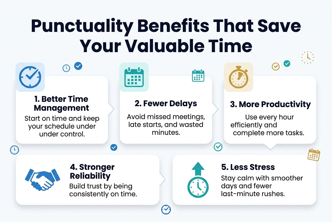 3:2 aspect ratio, full-bleed clean professional infographic illustration with a bright modern business style, white background with blue, teal, and gold accents, bold sans-serif typography, high contrast, wide horizontal layout with no inset margins.

Top center: large bold title text in dark navy, "Punctuality Benefits That Save Your Valuable Time"

Below the title, arrange 5 wide horizontal numbered sections across the page in a balanced multi-column layout, each section with a distinct icon, a short heading, and one concise line of body text:

1. Left top section: blue clock icon with a checkmark, heading "1. Better Time Management", body text "Start on time and keep your schedule under control."
2. Top center section: teal calendar icon, heading "2. Fewer Delays", body text "Avoid missed meetings, late starts, and wasted minutes."
3. Top right section: gold stopwatch icon, heading "3. More Productivity", body text "Use every hour efficiently and complete more tasks."
4. Bottom left section: blue handshake icon, heading "4. Stronger Reliability", body text "Build trust by being consistently on time."
5. Bottom right section: teal upward arrow over clock icon, heading "5. Less Stress", body text "Stay calm with smoother days and fewer last-minute rushes."

Add subtle connecting lines or arrows between the sections to guide the eye from left to right. Use clean rounded cards or blocks for each point, with soft shadows and plenty of white space. Include small decorative timing elements such as clock faces, check marks, and schedule marks. Make the layout wide and uncluttered, with the title clearly dominant at the top and all text crisp and readable.