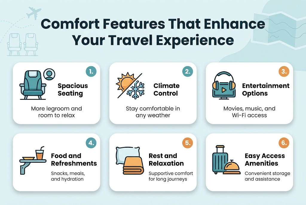 Create a full-bleed 3:2 infographic in a clean modern travel style with a soft blue, teal, white, and warm orange color palette. Place a bold headline across the top: "Comfort Features That Enhance Your Travel Experience". Use a wide horizontal layout with six evenly spaced rounded rectangles or panels arranged in two rows of three, with clear icons and numbered labels. Use a modern sans-serif font, strong visual hierarchy, and crisp vector-style illustrations.

Top section:
- Large bold title centered at the top
- Small subtle travel motif in the background: faint airplane lines, seat outlines, and soft map waves

Main content panels:
1. Left top panel with a wide seat icon and headrest icon, text: "1. Spacious Seating" and smaller text: "More legroom and room to relax"
2. Center top panel with a climate control icon showing sun and snowflake, text: "2. Climate Control" and smaller text: "Stay comfortable in any weather"
3. Right top panel with a headphones and screen icon, text: "3. Entertainment Options" and smaller text: "Movies, music, and Wi‑Fi access"

4. Left bottom panel with a tray table and drink icon, text: "4. Food and Refreshments" and smaller text: "Snacks, meals, and hydration"
5. Center bottom panel with a pillow and blanket icon, text: "5. Rest and Relaxation" and smaller text: "Supportive comfort for long journeys"
6. Right bottom panel with a luggage and service bell icon, text: "6. Easy Access Amenities" and smaller text: "Convenient storage and assistance"

Add small numbered circles for each panel in matching accent colors. Use subtle shadows, clean spacing, and balanced alignment. Keep the composition wide, uncluttered, and professional, with all text clearly legible.
