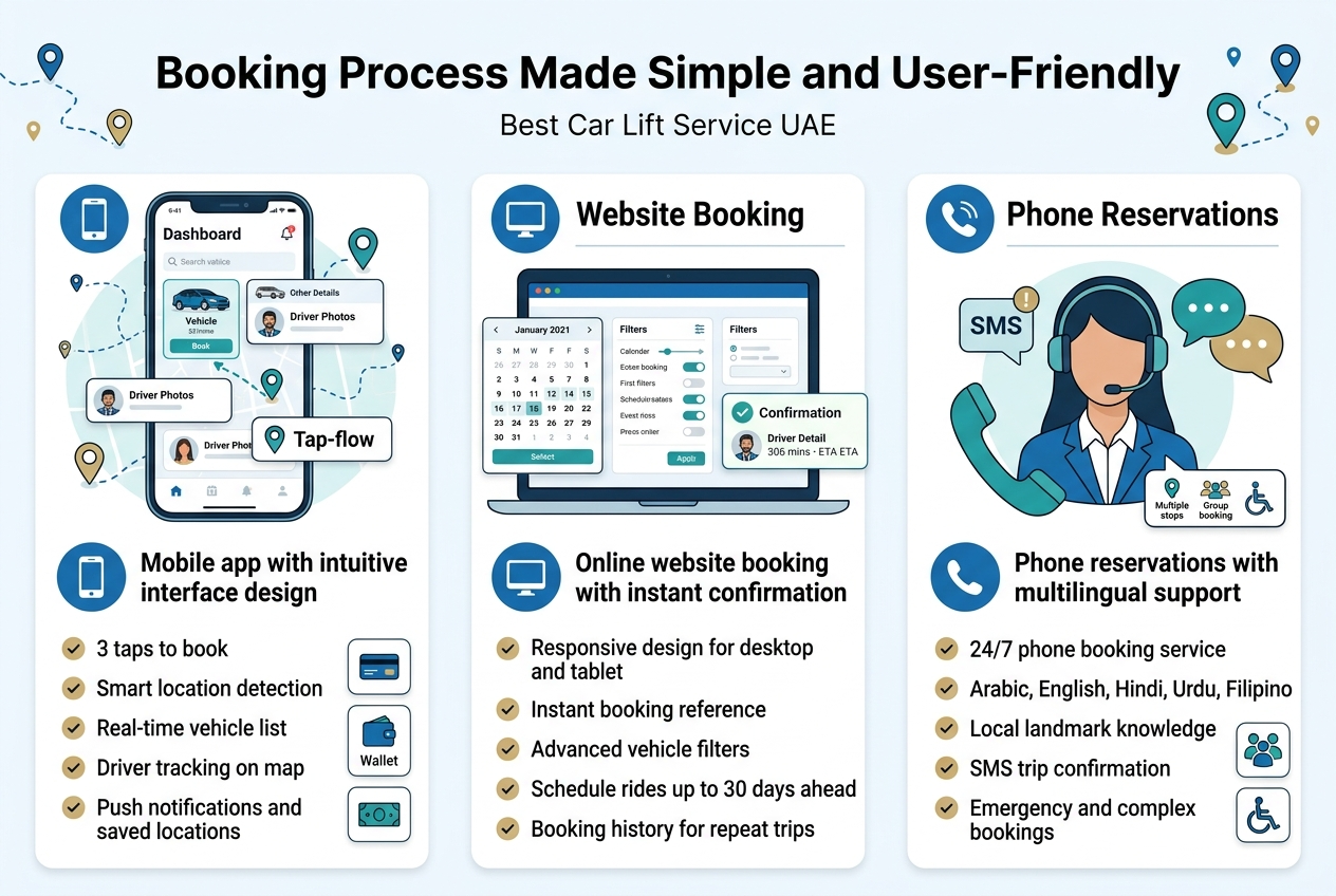 Create a clean, modern full-bleed infographic illustration in a 3:2 aspect ratio, with a professional UAE ride-booking theme in blue, teal, white, and subtle gold accents. Use a bold sans-serif headline at the top center reading "Booking Process Made Simple and User-Friendly". Place a smaller subtitle beneath it: "Best Car Lift Service UAE".

Use a wide horizontal 3-column layout across the page, with three large feature blocks and clear icons.

LEFT COLUMN: Mobile App
Add a smartphone illustration with a clean app dashboard, vehicle cards, driver photos, map pins, and a tap-flow interface. Include a blue circular icon with a phone. Title text: "Mobile app with intuitive interface design". Add 5 short bullet points with small check icons:
"3 taps to book"
"Smart location detection"
"Real-time vehicle list"
"Driver tracking on map"
"Push notifications and saved locations"
Show small payment icons for card, digital wallet, and cash.

CENTER COLUMN: Website Booking
Add a desktop laptop or tablet illustration showing a responsive booking webpage, calendar panel, filter controls, and instant confirmation box. Include a blue circular icon with a monitor. Title text: "Online website booking with instant confirmation". Add 5 short bullet points with small check icons:
"Responsive design for desktop and tablet"
"Instant booking reference"
"Advanced vehicle filters"
"Schedule rides up to 30 days ahead"
"Booking history for repeat trips"
Show a confirmation badge with driver details and ETA.

RIGHT COLUMN: Phone Reservations
Add a headset operator illustration with a phone handset, SMS notification bubble, and multilingual speech bubbles. Include a blue circular icon with a phone receiver. Title text: "Phone reservations with multilingual support". Add 5 short bullet points with small check icons:
"24/7 phone booking service"
"Arabic, English, Hindi, Urdu, Filipino"
"Local landmark knowledge"
"SMS trip confirmation"
"Emergency and complex bookings"
Show small icons for multiple stops, group booking, and wheelchair accessibility.

Use clear section dividers, rounded cards, subtle shadows, and strong visual hierarchy. Place small decorative map lines and location pins in the background. Keep all text crisp, readable, and aligned.