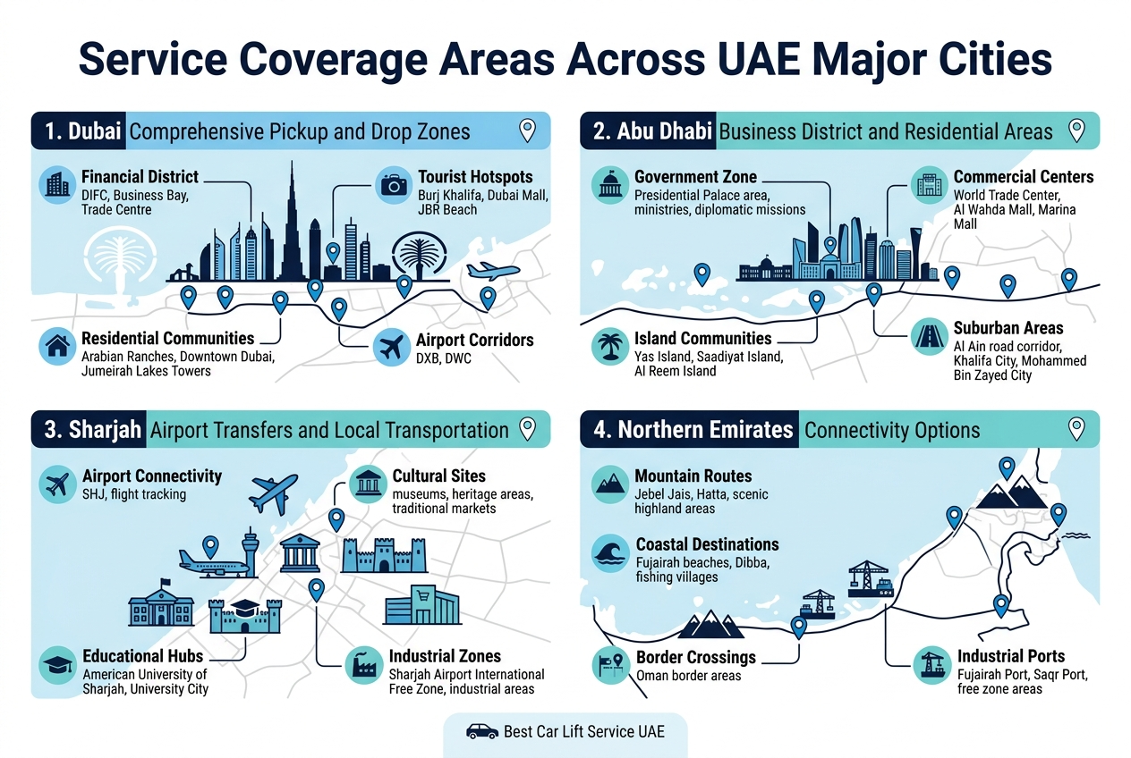 Create a clean professional infographic illustration in a full-bleed 3:2 layout with a wide horizontal composition, modern flat vector style, white background with light blue and teal accents, dark navy headings, subtle map-line pattern in the background, and clear visual hierarchy. Place a bold title across the top center in a large sans-serif font: "Service Coverage Areas Across UAE Major Cities". 

Below the title, organize the infographic into four wide horizontal sections or 2x2 grid blocks with distinct colored headers and small map-pin icons. Use numbered section labels and city icons. Include route lines, location pins, and transport symbols. Keep spacing airy and balanced, not a vertical poster.

Section 1 on the upper left: a Dubai city skyline silhouette with Burj Khalifa, Marina towers, Palm Jumeirah outline, airport icon, and multiple blue location pins connected by thin lines. Header text: "1. Dubai Comprehensive Pickup and Drop Zones". Add smaller label blocks inside this section with icons:
- "Financial District" with building icon: "DIFC, Business Bay, Trade Centre"
- "Tourist Hotspots" with camera/landmark icon: "Burj Khalifa, Dubai Mall, JBR Beach"
- "Residential Communities" with home icon: "Arabian Ranches, Downtown Dubai, Jumeirah Lakes Towers"
- "Airport Corridors" with plane icon: "DXB, DWC"

Section 2 on the upper right: an Abu Dhabi skyline with Corniche waterfront, government building icon, island shapes, and route lines. Header text: "2. Abu Dhabi Business District and Residential Areas". Add smaller label blocks:
- "Government Zone" with government building icon: "Presidential Palace area, ministries, diplomatic missions"
- "Commercial Centers" with shopping mall icon: "World Trade Center, Al Wahda Mall, Marina Mall"
- "Island Communities" with island/palm icon: "Yas Island, Saadiyat Island, Al Reem Island"
- "Suburban Areas" with road icon: "Al Ain road corridor, Khalifa City, Mohammed Bin Zayed City"

Section 3 on the lower left: a Sharjah airport and cultural district scene with plane icon, museum icon, heritage fort icon, university cap icon, and shopping mall icon. Header text: "3. Sharjah Airport Transfers and Local Transportation". Add smaller label blocks:
- "Airport Connectivity" with flight icon: "SHJ, flight tracking"
- "Cultural Sites" with museum icon: "museums, heritage areas, traditional markets"
- "Educational Hubs" with graduation cap icon: "American University of Sharjah, University City"
- "Industrial Zones" with factory icon: "Sharjah Airport International Free Zone, industrial areas"

Section 4 on the lower right: a northern emirates route map with mountains, coastline, port cranes, and border route markers. Header text: "4. Northern Emirates Connectivity Options". Add smaller label blocks:
- "Mountain Routes" with mountain icon: "Jebel Jais, Hatta, scenic highland areas"
- "Coastal Destinations" with wave icon: "Fujairah beaches, Dibba, fishing villages"
- "Border Crossings" with border checkpoint icon: "Oman border areas"
- "Industrial Ports" with port crane icon: "Fujairah Port, Saqr Port, free zone areas"

Use consistent icon style, small circular markers, and thin connecting lines. Add a slim legend strip near the bottom center with a car icon and text: "Best Car Lift Service UAE". Use high contrast, crisp typography, and a polished corporate travel-service aesthetic.