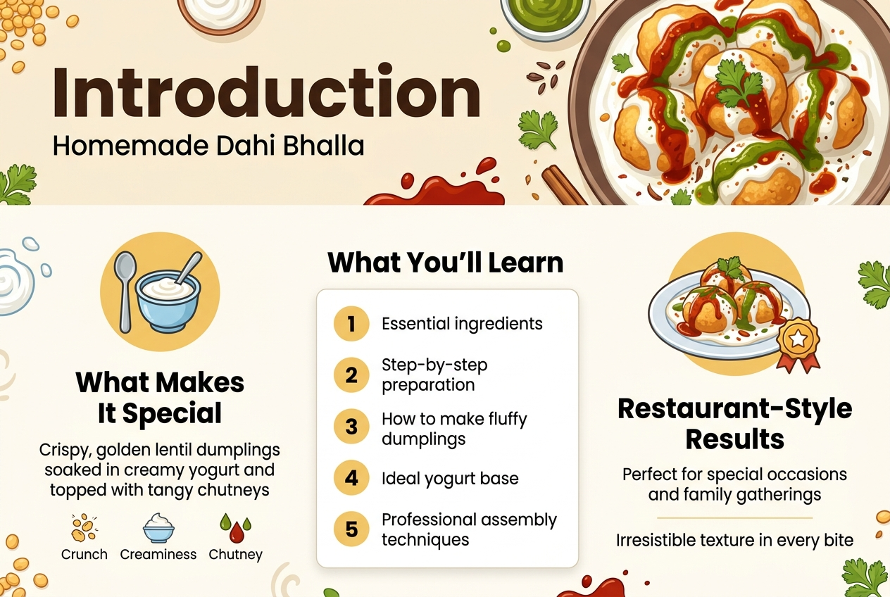 Create a clean, professional full-bleed infographic in a 3:2 aspect ratio about homemade dahi bhalla, using a modern Indian food style. Use a warm palette of creamy white, yogurt blue, golden yellow, tangy green, and rich red accents. Use bold sans-serif typography for headings and smaller legible sans-serif body text. Layout should be wide and horizontal with multiple sections, not a vertical poster.

Top band across the full width:
Large bold heading centered-left: "Introduction"
Subheading below in smaller text: "Homemade Dahi Bhalla"
Add a large appetizing hero illustration on the right side of crispy golden lentil dumplings in creamy yogurt with red and green chutneys, garnished with cilantro and spices.

Main body in three wide horizontal sections across the lower two-thirds:
Section 1 on the left with a circular icon of a spoon and yogurt bowl:
Heading: "What Makes It Special"
Body text: "Crispy, golden lentil dumplings soaked in creamy yogurt and topped with tangy chutneys"
Add small visual symbols of crunch, creaminess, and chutney droplets.

Section 2 in the center with a numbered list inside a clean card:
Heading: "What You’ll Learn"
1. "Essential ingredients"
2. "Step-by-step preparation"
3. "How to make fluffy dumplings"
4. "Ideal yogurt base"
5. "Professional assembly techniques"

Section 3 on the right with a plated dahi bhalla illustration and a star badge:
Heading: "Restaurant-Style Results"
Body text: "Perfect for special occasions and family gatherings"
Small text below: "Irresistible texture in every bite"

Use subtle decorative food motifs in the background such as lentils, yogurt swirls, chutney splashes, and coriander leaves. Keep the composition balanced, polished, and easy to read with clear spacing and strong visual hierarchy.