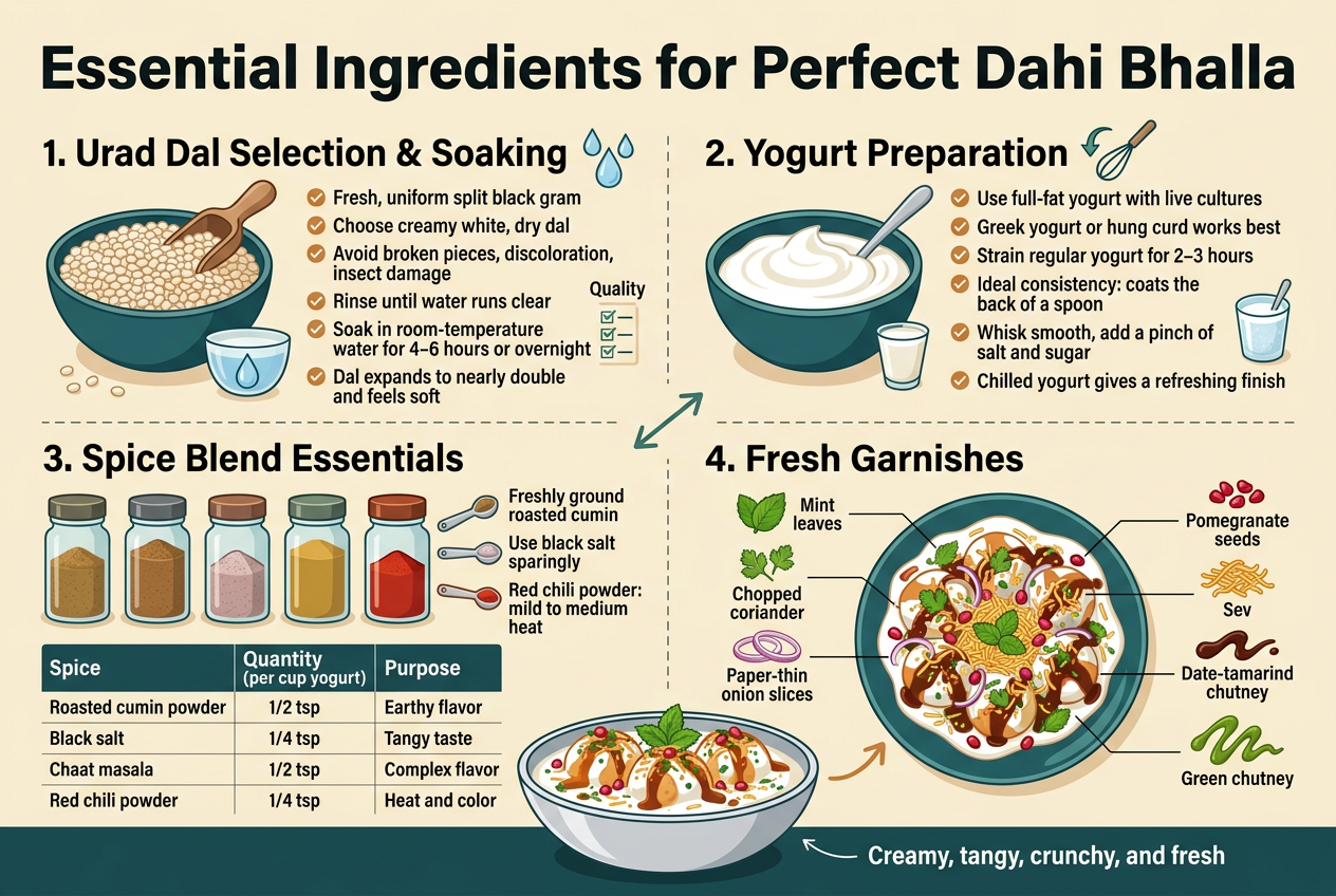 Create a full-bleed infographic illustration in a clean modern editorial style, aspect ratio 3:2, with a warm food-themed palette of cream, yogurt white, deep teal, mint green, chili red, golden yellow, and charcoal text. Use bold sans-serif typography for headings and smaller readable sans-serif body text. Place a large title across the top: "Essential Ingredients for Perfect Dahi Bhalla". 

Arrange the layout in four wide horizontal sections or two-column blocks with clear visual hierarchy, icons, and checkmark markers. Use flat vector food illustrations, ingredient bowls, spice spoons, and garnish icons. No frame, no poster border, no narrow vertical stack.

Top left section: a bowl of urad dal with a scoop, soaking water drop icons, and a small quality checklist. Heading text: "1. Urad Dal Selection & Soaking". Include bullet text:
"Fresh, uniform split black gram"
"Choose creamy white, dry dal"
"Avoid broken pieces, discoloration, insect damage"
"Rinse until water runs clear"
"Soak in room-temperature water for 4–6 hours or overnight"
"Dal expands to nearly double and feels soft"

Top right section: a bowl of thick yogurt with spoon and whisk icon, plus chilled serving glass. Heading text: "2. Yogurt Preparation". Include bullet text:
"Use full-fat yogurt with live cultures"
"Greek yogurt or hung curd works best"
"Strain regular yogurt for 2–3 hours"
"Ideal consistency: coats the back of a spoon"
"Whisk smooth, add a pinch of salt and sugar"
"Chilled yogurt gives a refreshing finish"

Middle left section: a row of spice jars and small measuring spoons, with labeled spice icons. Heading text: "3. Spice Blend Essentials". Include a simple table-style block with the exact text:
"Spice | Quantity (per cup yogurt) | Purpose"
"Roasted cumin powder | 1/2 tsp | Earthy flavor"
"Black salt | 1/4 tsp | Tangy taste"
"Chaat masala | 1/2 tsp | Complex flavor"
"Red chili powder | 1/4 tsp | Heat and color"
Add small spice notes beside the jars:
"Freshly ground roasted cumin"
"Use black salt sparingly"
"Red chili powder: mild to medium heat"

Middle right section: a vibrant plate of dahi bhalla topped with herbs, onion, pomegranate, sev, and chutneys. Heading text: "4. Fresh Garnishes". Include labeled garnish callouts:
"Mint leaves"
"Chopped coriander"
"Paper-thin onion slices"
"Pomegranate seeds"
"Sev"
"Date-tamarind chutney"
"Green chutney"
Add small visual cues: mint leaf icon, coriander sprig, onion rings, ruby pomegranate seeds, crunchy sev strands, dark brown chutney drizzle, bright green chutney drizzle.

Bottom strip across full width: a polished serving bowl of dahi bhalla as the hero image, garnished generously, with a small caption in bold: "Creamy, tangy, crunchy, and fresh". Add subtle arrows or connectors from the ingredient sections to the finished dish. Keep the composition airy, balanced, and highly legible, with crisp icons and strong color contrast.