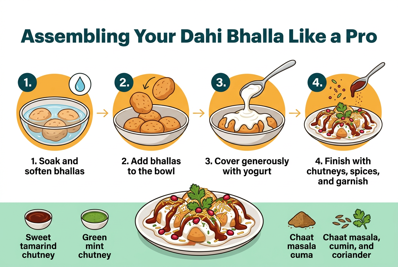Full-bleed professional food infographic, aspect ratio 3:2, clean modern layout with warm Indian street-food aesthetic, white background with teal, saffron, deep red, and mint green accents, bold sans-serif typography.

Top center: large bold heading in dark teal text, "Assembling Your Dahi Bhalla Like a Pro".

Below the heading, arrange a wide horizontal 4-step process in four evenly spaced sections across the center, each with a numbered circle icon and a clear food illustration:
1. Left section: a bowl of soft bhallas in water with a droplet icon, caption text: "1. Soak and soften bhallas"
2. Second section: bhallas being placed into a serving bowl, caption text: "2. Add bhallas to the bowl"
3. Third section: a spoon pouring thick yogurt over the bhallas, caption text: "3. Cover generously with yogurt"
4. Right section: chutney drizzles, spice sprinkles, and garnish toppings over the finished dish, caption text: "4. Finish with chutneys, spices, and garnish"

Bottom strip across the width: three small labeled ingredient icons with text in compact blocks:
"Sweet tamarind chutney"
"Green mint chutney"
"Chaat masala, cumin, and coriander"

Include a large appetizing hero illustration of a finished dahi bhalla plate in the lower center-right, with visible yogurt, chutney swirls, sev, coriander, and pomegranate seeds, styled as a clean editorial food illustration.

Use subtle arrows connecting each step left to right, crisp iconography, clear hierarchy, balanced spacing, no frame border, no inset poster look.