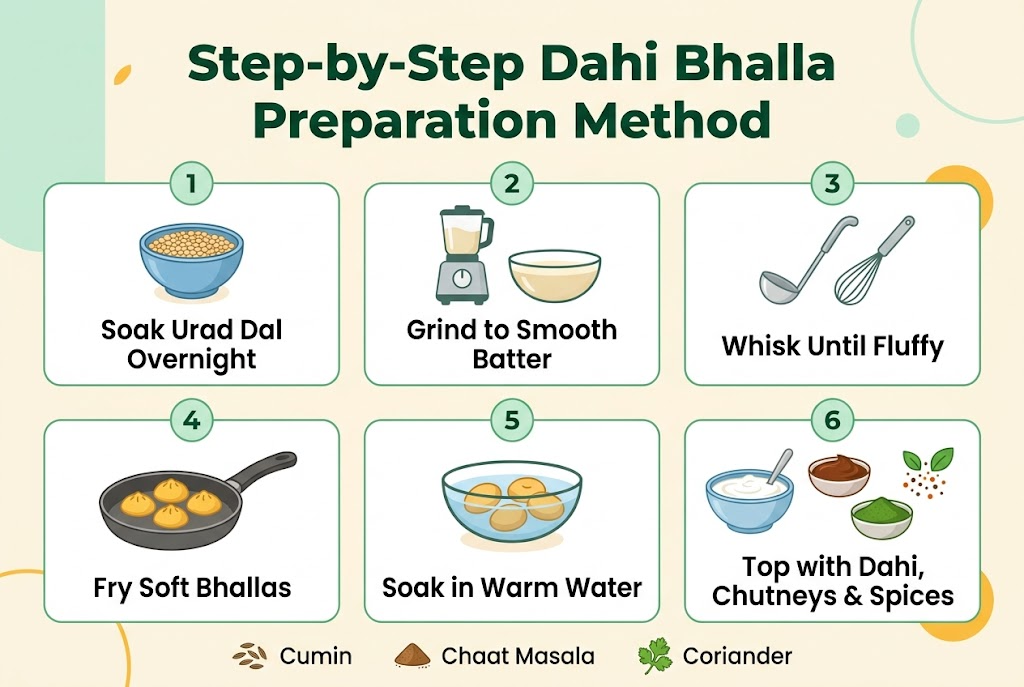 Full-bleed 3:2 infographic illustration, clean modern food poster design, wide horizontal layout with no frame, no inset margins. Bold heading across the top center in large dark green sans-serif text: "Step-by-Step Dahi Bhalla Preparation Method". Background in warm cream with subtle mint-green and saffron accent shapes. 

Across the middle, arrange 6 numbered step panels in a 3-column by 2-row grid, each panel with a soft white card, thin green outline, and a small circular number badge in green. Use simple flat food icons in each panel and short text labels beneath each icon.

Step 1 panel, top left: blue bowl of lentils icon, text: "Soak Urad Dal Overnight"
Step 2 panel, top center: grinder icon and batter bowl icon, text: "Grind to Smooth Batter"
Step 3 panel, top right: ladle and whisk icon, text: "Whisk Until Fluffy"
Step 4 panel, bottom left: frying pan icon with golden dumplings, text: "Fry Soft Bhallas"
Step 5 panel, bottom center: water bowl icon with bhallas soaking, text: "Soak in Warm Water"
Step 6 panel, bottom right: yogurt bowl, tamarind chutney, mint chutney, and spice sprinkle icons, text: "Top with Dahi, Chutneys & Spices"

Add a small footer strip along the bottom with three garnish icons and labels spaced horizontally: "Cumin", "Chaat Masala", "Coriander". Use green, yogurt white, golden yellow, and tamarind brown as the main colors. Keep text crisp, bold, and highly legible, with clear visual hierarchy and balanced spacing.