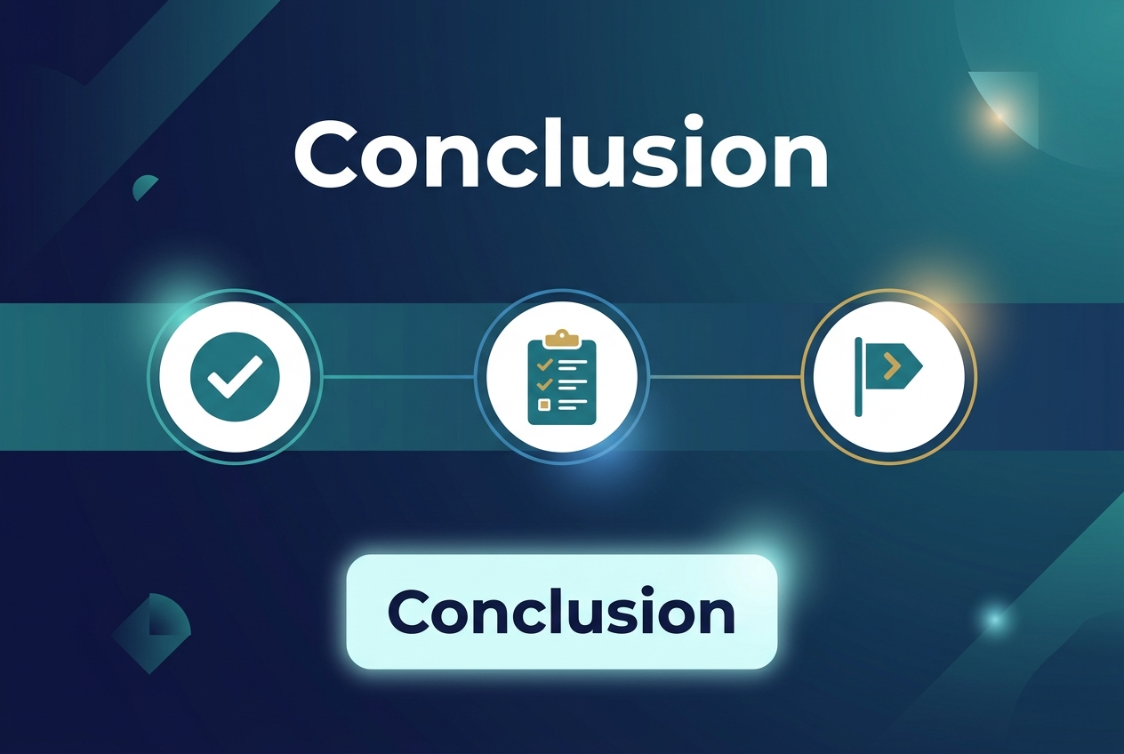 Create a clean full-bleed infographic in a 3:2 landscape aspect ratio with a modern professional style. Use a deep navy-to-teal gradient background with subtle geometric accents and soft light flares. Place a large bold white heading at the top center that reads "Conclusion". Add a wide horizontal band across the middle with three evenly spaced circular icons: a checkmark icon on the left, a summary checklist icon in the center, and a closing arrow or finish flag icon on the right, all in flat minimalist style with teal, blue, and gold accents. Use thin connecting lines between the icons to form a cohesive ending flow. Include a short emphasis block in the lower center with rounded corners and a soft glow, containing only the text "Conclusion" in bold sans-serif, larger than the rest. Keep the layout balanced and wide, with no vertical poster framing, no inset margins, and no extra text beyond "Conclusion". Use crisp sans-serif fonts, strong hierarchy, and ample negative space.