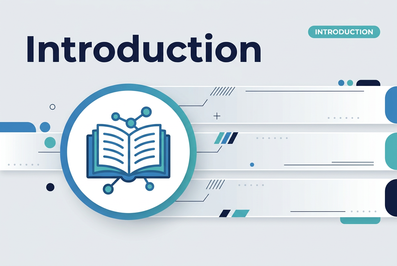 Full-bleed clean professional infographic title slide in 3:2 aspect ratio, wide horizontal layout with no inset margins. Large bold heading at the top-left reading "Introduction" in a modern sans-serif font, dark navy text. Center-left features a large circular icon of an open book and small connected abstract nodes, in blue and teal. Across the middle and right side, use three wide horizontal translucent sections with simple geometric accents, lines, and subtle dots. Add a small top-right label block with the text "INTRODUCTION" in uppercase, white text on a teal rounded rectangle. Background in soft light gray with blue, teal, and navy accents, minimal shadows, crisp vector style, balanced spacing, clean corporate infographic design.