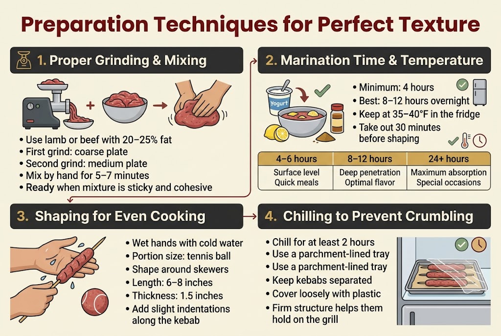 Create a clean, professional full-bleed infographic in 3:2 aspect ratio about seekh kebab preparation, using a warm kitchen color palette of deep red, charcoal, cream, gold, and muted green, with modern sans-serif typography and bold section headers.

Top across the full width: large bold title in dark red, exact text: "Preparation Techniques for Perfect Texture"

Below the title, arrange four wide horizontal sections in a 2x2 grid with clear visual hierarchy, each section containing a bold numbered header, a simple icon, and concise bullet text.

Section 1 on the upper left: a grinding and mixing illustration with a meat grinder, meat bowl, and hands kneading.
Header text: "1. Proper Grinding & Mixing"
Bullets:
"• Use lamb or beef with 20–25% fat"
"• First grind: coarse plate"
"• Second grind: medium plate"
"• Mix by hand for 5–7 minutes"
"• Ready when mixture is sticky and cohesive"

Section 2 on the upper right: a marination scene with a bowl, yogurt, lemon, spice jar, and refrigerator icon.
Header text: "2. Marination Time & Temperature"
Bullets:
"• Minimum: 4 hours"
"• Best: 8–12 hours overnight"
"• Keep at 35–40°F in the fridge"
"• Take out 30 minutes before shaping"
Add a small horizontal mini-table beneath the bullets with three labeled boxes:
"4–6 hours | Surface level | Quick meals"
"8–12 hours | Deep penetration | Optimal flavor"
"24+ hours | Maximum absorption | Special occasions"

Section 3 on the lower left: shaping kebabs on skewers with wet hands, a tennis-ball portion, and visible finger grooves.
Header text: "3. Shaping for Even Cooking"
Bullets:
"• Wet hands with cold water"
"• Portion size: tennis ball"
"• Shape around skewers"
"• Length: 6–8 inches"
"• Thickness: 1.5 inches"
"• Add slight indentations along the kebab"

Section 4 on the lower right: chilled kebabs on a tray in a refrigerator with parchment paper and loose plastic wrap.
Header text: "4. Chilling to Prevent Crumbling"
Bullets:
"• Chill for at least 2 hours"
"• Use a parchment-lined tray"
"• Keep kebabs separated"
"• Cover loosely with plastic wrap"
"• Firm structure helps them hold on the grill"

Use small visual check marks, arrows, and subtle temperature and clock icons near the marination and chilling sections. Include a thin connecting workflow arrow from grinding to marination to shaping to chilling across the infographic. Keep all text crisp and legible, with strong spacing, balanced margins, and no empty vertical poster layout.