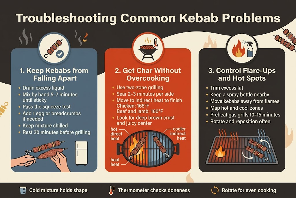 Create a clean professional full-bleed infographic in a 3:2 aspect ratio, landscape layout, with a warm charcoal, red, gold, and cream color palette, modern bold sans-serif typography, and clear visual hierarchy. Place a large bold heading across the top: "Troubleshooting Common Kebab Problems". Use a wide horizontal layout with three evenly spaced main sections across the center, each in a rounded rectangular panel with an icon, numbered label, short subheading, and compact bullet text. Add small garnish accents of grill smoke, kebab skewers, and subtle flame shapes in the background.

Left section with a blue-gray panel and a circular icon of a skewer held together with a checkmark, title text: "1. Keep Kebabs from Falling Apart". Include these bullet points exactly:
"Drain excess liquid"
"Mix by hand 5–7 minutes until sticky"
"Pass the squeeze test"
"Add 1 egg or breadcrumbs if needed"
"Keep mixture chilled"
"Rest 30 minutes before grilling"
Show a small visual of hands shaping meat on skewers and a refrigerator icon.

Middle section with an orange-red panel and a circular icon of a grill with a thermometer, title text: "2. Get Char Without Overcooking". Include these bullet points exactly:
"Use two-zone grilling"
"Sear 2–3 minutes per side"
"Move to indirect heat to finish"
"Chicken: 165°F"
"Beef and lamb: 160°F"
"Look for deep brown crust and juicy center"
Show a split grill graphic labeled hot direct heat and cooler indirect heat, with one kebab over flame and one moved aside.

Right section with a dark gray panel and a circular icon of a flame with a water spray bottle, title text: "3. Control Flare-Ups and Hot Spots". Include these bullet points exactly:
"Trim excess fat"
"Keep a spray bottle nearby"
"Move kebabs away from flames"
"Map hot and cool zones"
"Preheat gas grills 10–15 minutes"
"Rotate and reposition often"
Show a grill surface with hot and cool zones marked by heat waves, a small flame flare-up, and arrows showing moving kebabs.

Add a slim bottom band across the full width with three small labeled tip boxes and simple icons: "Cold mixture holds shape", "Thermometer checks doneness", "Rotate for even cooking". Use clean spacing, high contrast, subtle shadows, and crisp infographic-style vector illustration. No photo realism, no clutter, no vertical poster framing.