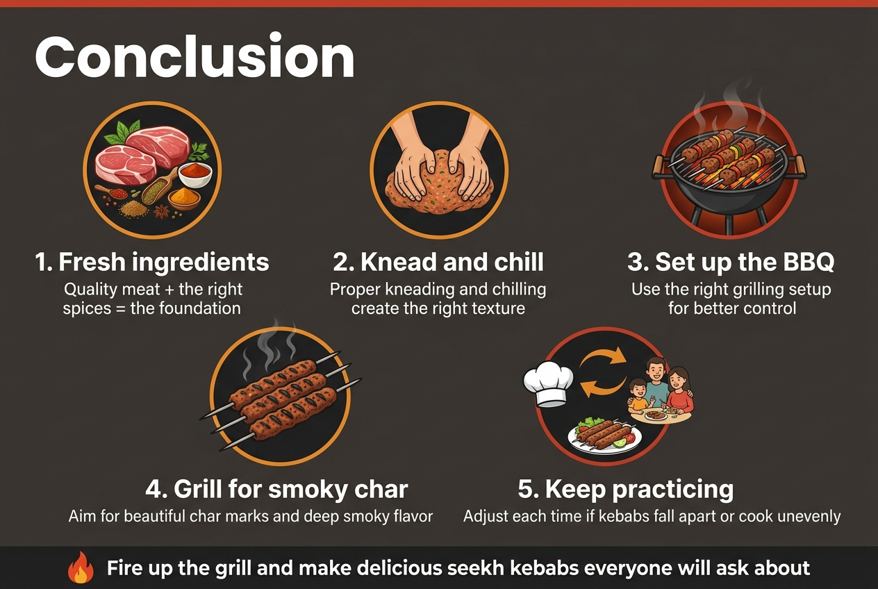 Create a full-bleed professional infographic illustration in a 3:2 aspect ratio, modern clean food-styling design, warm charcoal gray, smoky black, paprika red, and golden orange color palette, with crisp white text and subtle grill-smoke accents. Place a bold top heading across the upper left: "Conclusion". Use a wide horizontal layout with 5 evenly spaced content blocks across the center and lower half, each with a clear numbered label and icon.

Block 1 on the upper left: a circular icon of fresh meat, spices, and a small bowl, with the text "1. Fresh ingredients" and smaller line "Quality meat + the right spices = the foundation".

Block 2 near upper center: a circular icon of hands kneading kebab mixture, with the text "2. Knead and chill" and smaller line "Proper kneading and chilling create the right texture".

Block 3 near upper right: a circular icon of a BBQ grill with glowing coals and skewers, with the text "3. Set up the BBQ" and smaller line "Use the right grilling setup for better control".

Block 4 on the lower left-center: a circular icon of seekh kebabs with dark char marks and smoke, with the text "4. Grill for smoky char" and smaller line "Aim for beautiful char marks and deep smoky flavor".

Block 5 on the lower right-center: a circular icon of a chef hat, practice arrows, and a smiling family plate, with the text "5. Keep practicing" and smaller line "Adjust each time if kebabs fall apart or cook unevenly".

Add a short closing banner along the bottom spanning the width, with a small flame icon and the text: "Fire up the grill and make delicious seekh kebabs everyone will ask about". Use bold sans-serif fonts for headings, smaller clean sans-serif for supporting lines, balanced spacing, strong visual hierarchy, and no poster frame, no inset border, no narrow vertical stack.