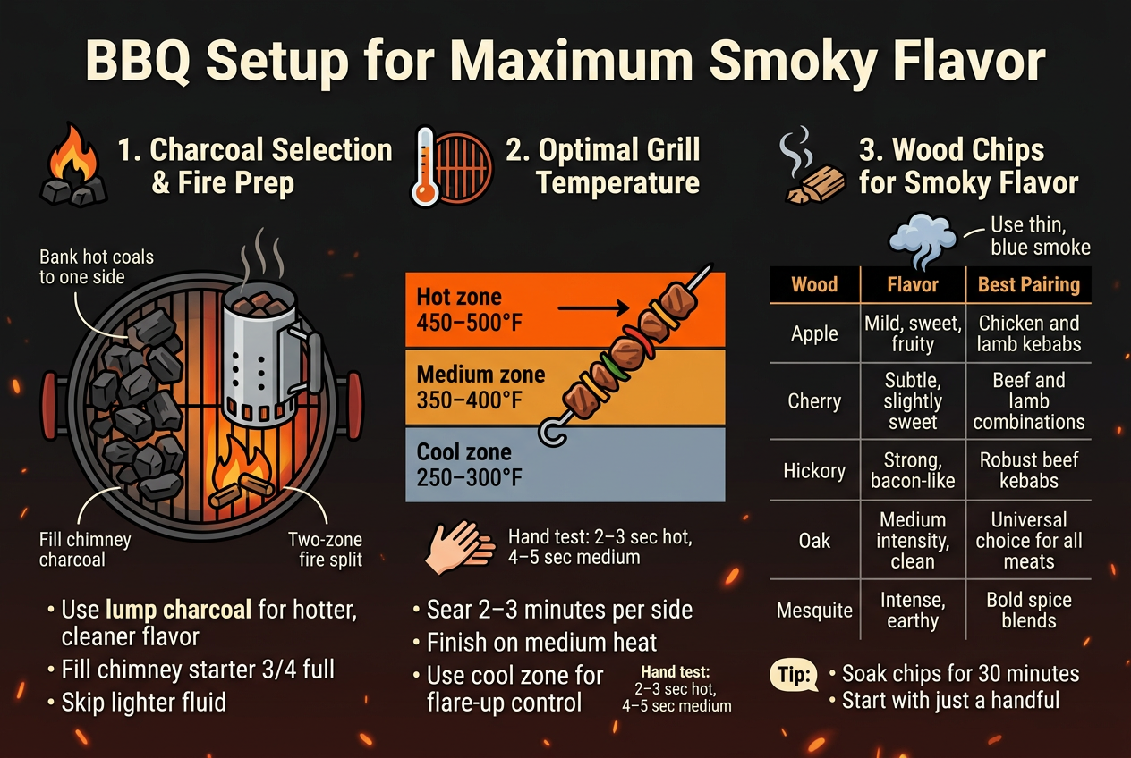 Create a clean, professional full-bleed infographic in 3:2 aspect ratio with a wide horizontal layout, rich charcoal black background, warm orange ember accents, deep red highlights, and cream-white text in bold modern sans-serif fonts. Add a large bold title across the top center: "BBQ Setup for Maximum Smoky Flavor". Use three wide content sections arranged left-to-right across the middle, each with clear icons, numbered headers, and simple visual diagrams.

Section 1 on the left: heading with a flame and charcoal icon, text: "1. Charcoal Selection & Fire Prep". Show a grill illustration with lump charcoal pieces, a chimney starter, and a two-zone fire split. Add three short bullets:
"• Use lump charcoal for hotter, cleaner flavor"
"• Fill chimney starter 3/4 full"
"• Skip lighter fluid"
Below, add a small label near the coal diagram: "Bank hot coals to one side"

Section 2 in the center: heading with a thermometer and grill-grate icon, text: "2. Optimal Grill Temperature". Show a horizontal temperature zone bar divided into three colored bands: bright orange "Hot zone 450–500°F", amber "Medium zone 350–400°F", cool gray-blue "Cool zone 250–300°F". Add a kebab skewer illustration moving from hot to medium. Include three short bullets:
"• Sear 2–3 minutes per side"
"• Finish on medium heat"
"• Use cool zone for flare-up control"
Add a hand heat-test icon with small text underneath: "Hand test: 2–3 sec hot, 4–5 sec medium"

Section 3 on the right: heading with smoke and wood-chip icons, text: "3. Wood Chips for Smoky Flavor". Show a small table-style grid with five rows and three columns labeled "Wood", "Flavor", and "Best Pairing". Fill in exactly:
"Apple | Mild, sweet, fruity | Chicken and lamb kebabs"
"Cherry | Subtle, slightly sweet | Beef and lamb combinations"
"Hickory | Strong, bacon-like | Robust beef kebabs"
"Oak | Medium intensity, clean | Universal choice for all meats"
"Mesquite | Intense, earthy | Bold spice blends"
Add a small smoke cloud icon with the label: "Use thin, blue smoke"
Add two small tip callouts at the bottom right:
"• Soak chips for 30 minutes"
"• Start with just a handful"

Use clean vector-style infographic art, crisp outlines, subtle shadows, and clear spacing. Keep all text legible, aligned, and balanced across the wide canvas. No frame, no border, no mockup, no photo realism.
