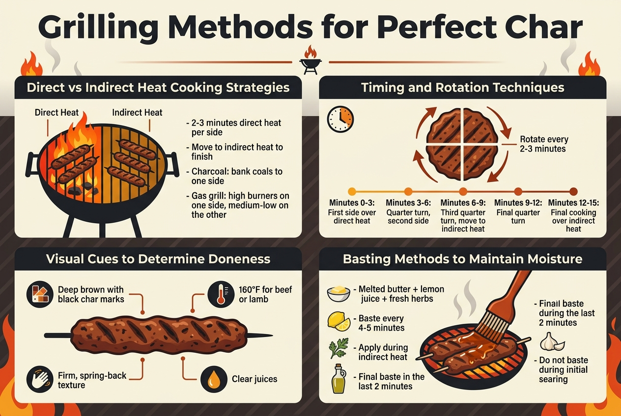 Create a full-bleed professional infographic in a 3:2 aspect ratio about grilling seekh kebabs, with a bold top title in large dark charcoal sans-serif text: "Grilling Methods for Perfect Char". Use a warm grilling color palette of deep charcoal, ember orange, red, golden yellow, and muted cream, with clean modern typography and clear section hierarchy. Layout should be wide and horizontal, not a vertical poster.

Top center: title bar with a small grill/flame icon. Below it, use four wide content blocks arranged in a balanced 2x2 grid across the page.

Left top block: heading in bold text "Direct vs Indirect Heat Cooking Strategies" with a simple grill diagram split into two zones: left side bright orange/red labeled "Direct Heat", right side darker amber labeled "Indirect Heat". Show kebabs over flames on the hot side and kebabs on the cooler side. Include short bullet text:
- "2-3 minutes direct heat per side"
- "Move to indirect heat to finish"
- "Charcoal: bank coals to one side"
- "Gas grill: high burners on one side, medium-low on the other"

Right top block: heading "Timing and Rotation Techniques" with a circular kebab illustration divided into four quarters and curved arrows showing quarter-turn rotation. Add a small clock icon. Include a horizontal timeline with labeled steps:
- "Minutes 0-3: First side over direct heat"
- "Minutes 3-6: Quarter turn, second side"
- "Minutes 6-9: Third quarter turn, move to indirect heat"
- "Minutes 9-12: Final quarter turn"
- "Minutes 12-15: Final cooking over indirect heat"
Add a small note near the kebab: "Rotate every 2-3 minutes"

Left bottom block: heading "Visual Cues to Determine Doneness" with a close-up kebab illustration showing mahogany brown color and black char marks. Add three icon callouts: a color swatch icon labeled "Deep brown with black char marks", a hand/tongs icon labeled "Firm, spring-back texture", and a juice drop icon labeled "Clear juices". Include a small thermometer icon with text: "160°F for beef or lamb"

Right bottom block: heading "Basting Methods to Maintain Moisture" with a silicone brush icon applying glossy sauce to kebabs over indirect heat. Show a small butter bowl, lemon slice, herb sprig, olive oil bottle, and garlic clove icons. Include short text callouts:
- "Melted butter + lemon juice + fresh herbs"
- "Baste every 4-5 minutes"
- "Apply during indirect heat"
- "Final baste in the last 2 minutes"
- "Do not baste during initial searing"

Use subtle background grill texture, smoke wisps, and simple flame accents. Make section headers bold and easily readable, with white text on dark charcoal header bars and body text in dark gray on cream panels. Keep spacing clean, polished, and infographic-like with icons aligned to each point.