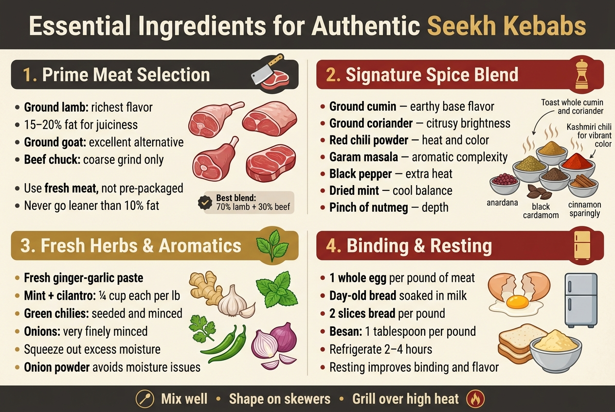 Create a full-bleed professional infographic in a 3:2 aspect ratio about authentic seekh kebabs, with a warm charcoal, deep red, gold, and creamy beige color palette, subtle texture, modern sans-serif fonts, and clear visual hierarchy. Place a bold top headline across the full width: “Essential Ingredients for Authentic Seekh Kebabs”.

Use a wide horizontal layout with four main sections arranged in a 2x2 grid beneath the title, each section with a colored header bar, a simple icon, and short bullet-style text. Include clean food illustrations of ground meat, spices, herbs, and binding ingredients. Keep spacing balanced and readable.

Top-left section header: “1. Prime Meat Selection”
Show a butcher knife and meat icon beside three illustrated meat cuts: lamb, goat, beef. Include these exact text lines:
“Ground lamb: richest flavor”
“15–20% fat for juiciness”
“Ground goat: excellent alternative”
“Beef chuck: coarse grind only”
“Use fresh meat, not pre-packaged”
“Never go leaner than 10% fat”
Add a small note badge: “Best blend: 70% lamb + 30% beef”

Top-right section header: “2. Signature Spice Blend”
Show small bowls of spices with aromatic steam lines and a spice grinder icon. Include these exact text lines:
“Ground cumin — earthy base flavor”
“Ground coriander — citrusy brightness”
“Red chili powder — heat and color”
“Garam masala — aromatic complexity”
“Black pepper — extra heat”
“Dried mint — cool balance”
“Pinch of nutmeg — depth”
Add small side callouts:
“Toast whole cumin and coriander”
“Kashmiri chili for vibrant color”
Optional small labels near spice bowls: “anardana”, “black cardamom”, “cinnamon sparingly”

Bottom-left section header: “3. Fresh Herbs & Aromatics”
Show illustrated ginger, garlic, mint leaves, cilantro, green chilies, and onion pieces. Include these exact text lines:
“Fresh ginger-garlic paste”
“Mint + cilantro: ¼ cup each per lb”
“Green chilies: seeded and minced”
“Onions: very finely minced”
“Squeeze out excess moisture”
“Onion powder avoids moisture issues”

Bottom-right section header: “4. Binding & Resting”
Show a cracked egg, bread slices soaked in milk, a bowl of besan, and a refrigerator icon. Include these exact text lines:
“1 whole egg per pound of meat”
“Day-old bread soaked in milk”
“2 slices bread per pound”
“Besan: 1 tablespoon per pound”
“Refrigerate 2–4 hours”
“Resting improves binding and flavor”

Add a slim footer ribbon across the bottom with the text: “Mix well • Shape on skewers • Grill over high heat”. Use small circular icons between phrases: mixing spoon, skewer, flame.

Design style: clean editorial infographic, elegant culinary illustration, strong contrast, organized blocks, crisp labels, no clutter, no borders, no centered vertical poster layout.