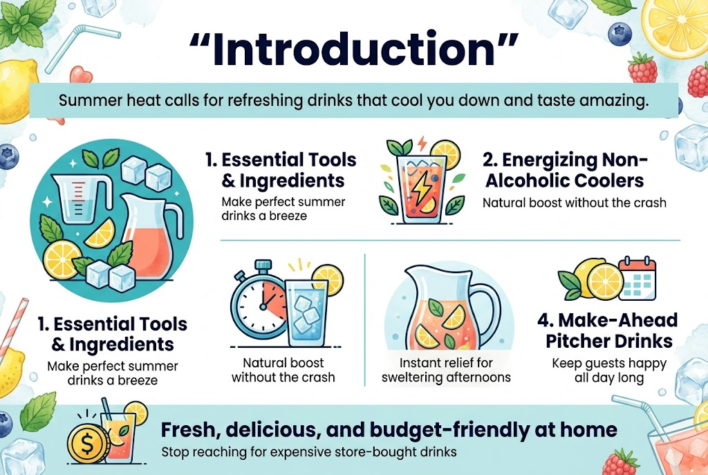 Create a clean, modern infographic illustration in a 3:2 aspect ratio with a full-bleed layout, bright summer color palette, and wide horizontal sections. Use crisp sans-serif fonts, bold navy heading text, teal, citrus yellow, coral, and light blue accents, with a white background and subtle watercolor fruit and ice textures.

Top center: large bold title text in quotes, "Introduction".

Under the title, a wide subtitle band with smaller text: "Summer heat calls for refreshing drinks that cool you down and taste amazing."

Main content arranged in four horizontal feature blocks across the middle and lower area, each with a clear icon and numbered label:

Left block:
A large circular icon of a measuring cup, citrus slices, mint leaves, ice cubes, and a pitcher.
Text header: "1. Essential Tools & Ingredients"
Small supporting text: "Make perfect summer drinks a breeze"

Second block:
A vibrant icon of a glass of iced fruit cooler with a lightning bolt and leaf accents.
Text header: "2. Energizing Non-Alcoholic Coolers"
Small supporting text: "Natural boost without the crash"

Third block:
A stopwatch icon beside a chilled glass with ice and lemon.
Text header: "3. Quick 5-Minute Recipes"
Small supporting text: "Instant relief for sweltering afternoons"

Fourth block:
A large pitcher icon with fruit slices and condensation, plus a small calendar symbol.
Text header: "4. Make-Ahead Pitcher Drinks"
Small supporting text: "Keep guests happy all day long"

Bottom wide banner spanning the page with a money-saving icon of a coin and homemade drink glass:
Bold text: "Fresh, delicious, and budget-friendly at home"
Smaller text below: "Stop reaching for expensive store-bought drinks"

Use clean divider lines, balanced spacing, and subtle decorative elements like lemons, berries, mint, straws, and ice around the sections. Keep all text highly legible, aligned, and professional.