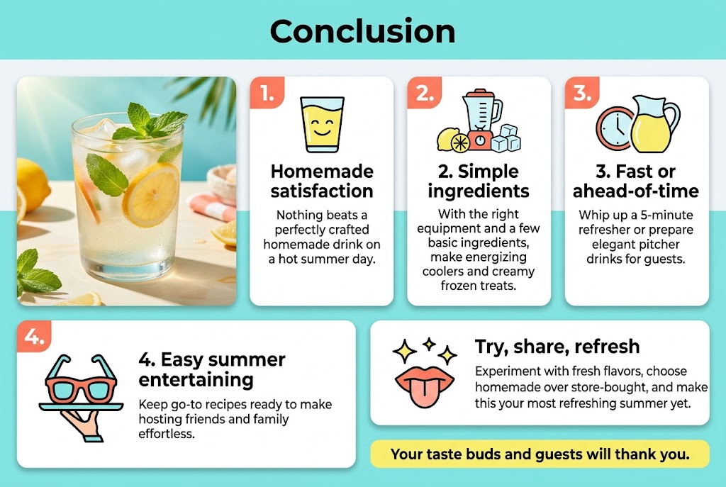 Create a clean, professional full-bleed infographic in a 3:2 aspect ratio with a bright summer palette of aqua, lemon yellow, coral, and white, using modern sans-serif fonts and strong visual hierarchy. Place a bold top heading centered across the full width: "Conclusion". Use a wide, balanced 2-row layout with four numbered content blocks and matching icons, avoiding a narrow vertical stack.

Top left large hero visual: a chilled homemade summer drink in a clear glass with ice, citrus slices, mint leaves, and condensation, set on a sunny tabletop with subtle summer accents.

Top row, right side and center: three rounded rectangular sections with bold number badges and icons.
1. Section title: "1. Homemade satisfaction" with a smiling glass icon. Body text: "Nothing beats a perfectly crafted homemade drink on a hot summer day."
2. Section title: "2. Simple ingredients" with a blender, lemon, and ice icon. Body text: "With the right equipment and a few basic ingredients, make energizing coolers and creamy frozen treats."
3. Section title: "3. Fast or ahead-of-time" with a clock and pitcher icon. Body text: "Whip up a 5-minute refresher or prepare elegant pitcher drinks for guests."

Bottom row: two wide sections spanning the page.
4. Left section title: "4. Easy summer entertaining" with a tray and party glasses icon. Body text: "Keep go-to recipes ready to make hosting friends and family effortless."
5. Right section title: "Try, share, refresh" with a sparkles and taste buds icon. Body text: "Experiment with fresh flavors, choose homemade over store-bought, and make this your most refreshing summer yet."

Add a short closing line in a highlighted banner along the bottom edge: "Your taste buds and guests will thank you." Use clean spacing, subtle shadowed cards, crisp vector-style illustrations, and a cheerful but polished editorial infographic look.