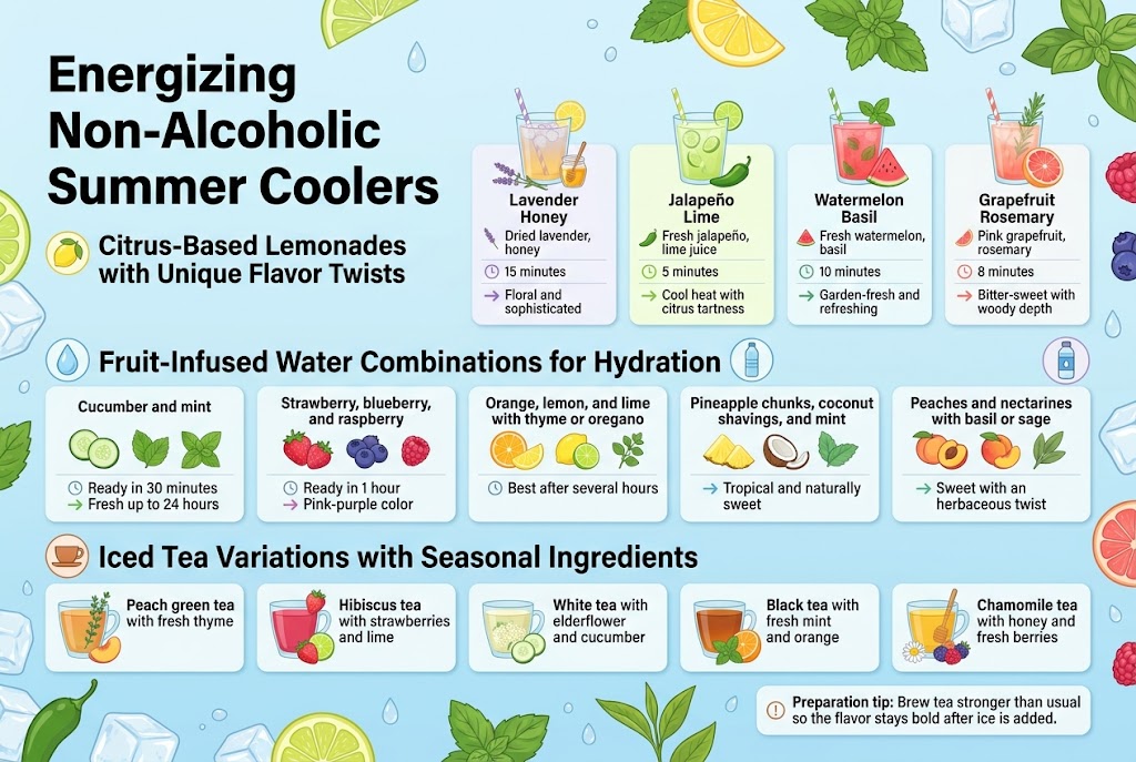 Create a clean, professional full-bleed infographic illustration in a 3:2 landscape format with a bright summer color palette of citrus yellow, lime green, watermelon pink, sky blue, herb green, and soft lavender. Use modern sans-serif fonts with a bold, large title at the top left: "Energizing Non-Alcoholic Summer Coolers". Place a subtle illustrated background of ice cubes, citrus slices, mint leaves, basil sprigs, tea leaves, berries, and water droplets, keeping all text highly legible.

Arrange the infographic in three wide horizontal content sections across the page, each with a bold section header and small matching icons.

SECTION 1 at the upper middle: "Citrus-Based Lemonades with Unique Flavor Twists" with a lemon icon. Under it, use four side-by-side recipe cards with colorful drink illustrations and small garnish icons:
1. "Lavender Honey" — "Dried lavender, honey" — "15 minutes"
2. "Jalapeño Lime" — "Fresh jalapeño, lime juice" — "5 minutes"
3. "Watermelon Basil" — "Fresh watermelon, basil" — "10 minutes"
4. "Grapefruit Rosemary" — "Pink grapefruit, rosemary" — "8 minutes"
Add short flavor notes beside each card:
"Floral and sophisticated"
"Cool heat with citrus tartness"
"Garden-fresh and refreshing"
"Bitter-sweet with woody depth"

SECTION 2 across the center: "Fruit-Infused Water Combinations for Hydration" with a water droplet icon. Show five labeled horizontal mini-panels with clear ingredient illustrations:
1. "Cucumber and mint" — "Ready in 30 minutes" — "Fresh up to 24 hours"
2. "Strawberry, blueberry, and raspberry" — "Ready in 1 hour" — "Pink-purple color"
3. "Orange, lemon, and lime with thyme or oregano" — "Best after several hours"
4. "Pineapple chunks, coconut shavings, and mint" — "Tropical and naturally sweet"
5. "Peaches and nectarines with basil or sage" — "Sweet with an herbaceous twist"
Include a small hydration bottle icon near this section.

SECTION 3 across the lower middle: "Iced Tea Variations with Seasonal Ingredients" with a teacup icon. Show five tea cards with colored tea glasses and garnish illustrations:
1. "Peach green tea with fresh thyme"
2. "Hibiscus tea with strawberries and lime"
3. "White tea with elderflower and cucumber"
4. "Black tea with fresh mint and orange"
5. "Chamomile tea with honey and fresh berries"
Add a small callout box at the bottom right with bold text:
"Preparation tip: Brew tea stronger than usual so the flavor stays bold after ice is added."

Use visual labels, small icons, and neat alignment. Include subtle arrows or divider lines between flavor ingredients and timing notes. Keep the layout airy, balanced, and easy to scan, with a polished editorial infographic style.
