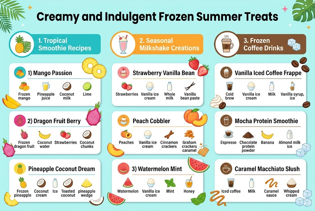 Full-bleed horizontal infographic, aspect ratio 3:2, clean modern food-editorial style, bright summer color palette of turquoise, mango orange, pineapple yellow, strawberry pink, coconut white, and coffee brown, with bold sans-serif title at the top center.

Main heading at top:
"Creamy and Indulgent Frozen Summer Treats"

Below the title, arrange three wide horizontal content sections across the page in a 3-column layout, each section with a colored header bar, a matching circular icon, and three numbered recipe blocks with short ingredient callouts.

LEFT COLUMN SECTION:
Header text: "1. Tropical Smoothie Recipes"
Use a pineapple and palm-leaf icon beside the header.
Three stacked recipe blocks with small fruit icons:
1) "Mango Passion" — frozen mango, pineapple juice, coconut milk, lime
2) "Dragon Fruit Berry" — frozen dragon fruit, banana, coconut water, strawberries, coconut chunks
3) "Pineapple Coconut Dream" — frozen pineapple, coconut cream, vanilla, ice, toasted coconut, pineapple wedge
Add small visual accents of mango slices, pineapple rings, pink dragon fruit, and coconut pieces.

CENTER COLUMN SECTION:
Header text: "2. Seasonal Milkshake Creations"
Use a milkshake glass icon beside the header.
Three stacked recipe blocks with dessert icons:
1) "Strawberry Vanilla Bean" — strawberries, vanilla ice cream, whole milk, vanilla bean paste
2) "Peach Cobbler" — peaches, vanilla ice cream, heavy cream, cinnamon, graham crackers, caramel
3) "Watermelon Mint" — watermelon, vanilla ice cream, mint, honey
Add visual accents of strawberries, peach slices, watermelon wedges, mint leaves, caramel drizzle, and a graham cracker crumble.

RIGHT COLUMN SECTION:
Header text: "3. Frozen Coffee Drinks"
Use a coffee cup and ice cube icon beside the header.
Three stacked recipe blocks with coffee-themed icons:
1) "Vanilla Iced Coffee Frappe" — cold brew, vanilla ice cream, milk, vanilla syrup, ice
2) "Mocha Protein Smoothie" — espresso, chocolate protein powder, banana, almond milk, ice
3) "Caramel Macchiato Slush" — iced coffee, milk, caramel sauce, whipped cream
Add visual accents of coffee beans, whipped cream swirls, caramel ribbons, and ice cubes.

Use clear hierarchy: large bold title, medium bold section headers, smaller bold recipe names, and lighter ingredient text. Include thin dividers between recipe blocks, rounded cards, subtle drop shadows, and bright summery garnish illustrations around each section. Place a few small tropical leaves and sparkles in the background. Keep the layout open and balanced, with no vertical poster frame and no narrow centered stack.