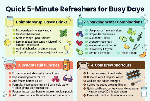 Create a clean, modern full-bleed infographic in a wide 3:2 aspect ratio with a bright summer refreshment theme, light background, and strong visual hierarchy. Use crisp sans-serif typography, bold dark navy headings, teal and citrus accent colors, soft pastel blocks, and simple flat vector icons. Place a large bold title across the top: "Quick 5-Minute Refreshers for Busy Days". Under the title, arrange four wide horizontal sections in a 2x2 grid with clearly separated color-coded blocks and small numbered badges.

Top section, left block: "1. Simple Syrup-Based Drinks" with a glass jar icon, lemon slice icon, mint sprig icon, and sparkling drink glass. Include short bullet text: "Mix equal parts water + sugar", "Heat until dissolved", "Store in fridge up to 1 month", "Lemonade: 2 tbsp syrup + juice of 1/2 lemon + cold water", "Add mint, berries, or ginger syrup", "Tropical: syrup + pineapple juice + lime". Use light yellow and pale green accents.

Top section, right block: "2. Sparkling Water Combinations" with a sparkling water bottle icon, berries, cucumber slices, citrus wedges, herb sprigs, and bubbles. Include bullet text: "Use plain or flavored seltzer", "Drop in frozen berries", "Cucumber + basil", "Orange + rosemary", "Watermelon + lime zest", "Strawberry + thyme", "Lemon + lavender", "Peach + mint". Use aqua and fresh green accents.

Bottom section, left block: "3. Instant Fruit Punches" with a punch bowl icon, frozen fruit cubes, juice carton, and party glasses. Include bullet text: "Frozen concentrates make instant punch", "Use sparkling water for fizz", "Add frozen berries as ice", "Formula: 1 can concentrate + 3 cans cold water + 1 liter ginger ale + frozen fruit", "Popular mixes: cranberry-orange or tropical punch", "Add prosecco or white wine for adult gatherings". Use coral and berry accents.

Bottom section, right block: "4. Cold Brew Shortcuts" with a coffee cup icon, ice cube tray with coffee cubes, espresso spoon, and milk glass. Include bullet text: "Instant espresso + cold water", "Dissolve with 1 tbsp hot water", "Add ice and adjust strength", "Coffee ice cubes prevent dilution", "Quick cold brew: coffee + room-temp water, 1:4 ratio, steep 30 minutes, strain", "Flavor with vanilla, cinnamon, or cocoa". Use coffee brown and cream accents.

Add small decorative bubbles, fruit slices, and steam/sparkle details around sections. Use clear section headers, concise readable text, and icon markers beside each bullet. Keep layout balanced, bright, professional, and easy to scan, with no frame border and no inset margins.