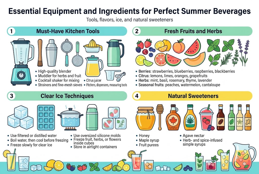 Create a clean, professional infographic illustration in a 3:2 aspect ratio with a full-bleed wide layout, no poster frame, no inset margins, and no narrow centered stack. Use a bright summer color palette of aqua, citrus yellow, coral, mint green, and white, with dark navy text for contrast. Use modern sans-serif fonts with a bold title at the top.

TOP HEADER:
Large bold title across the top center: "Essential Equipment and Ingredients for Perfect Summer Beverages"
Add a small subtitle beneath in lighter weight: "Tools, flavors, ice, and natural sweeteners"

MAIN LAYOUT:
Use four wide horizontal sections arranged in a 2x2 grid, each with a colored header bar, a large icon, and short bullet points. Include clear visual spacing and simple flat vector icons.

SECTION 1, top left:
Header text: "Must-Have Kitchen Tools"
Show a large blender icon, muddler, cocktail shaker, fine-mesh strainer, citrus juicer, pitcher with lid, insulated dispenser, measuring cups and spoons.
Include short bullets:
"High-quality blender"
"Muddler for herbs and fruit"
"Cocktail shaker for mixing"
"Strainers and fine-mesh sieves"
"Citrus juicer"
"Pitchers, dispensers, measuring tools"

SECTION 2, top right:
Header text: "Fresh Fruits and Herbs"
Show a colorful cluster of berries, citrus slices, peach, watermelon wedge, cantaloupe slice, mint leaves, basil, rosemary, thyme, and lavender.
Include short bullets:
"Berries: strawberries, blueberries, raspberries, blackberries"
"Citrus: lemons, limes, oranges, grapefruits"
"Herbs: mint, basil, rosemary, thyme, lavender"
"Seasonal fruits: peaches, watermelon, cantaloupe"

SECTION 3, bottom left:
Header text: "Clear Ice Techniques"
Show crystal-clear ice cubes, oversized silicone ice molds, a boiling water pot, an insulated container, and ice cubes with fruit pieces and herb sprigs inside.
Include short bullets:
"Use filtered or distilled water"
"Boil water, then cool before freezing"
"Freeze slowly for clear ice"
"Use oversized silicone molds"
"Freeze fruit, herbs, or flowers inside cubes"
"Store in airtight containers"

SECTION 4, bottom right:
Header text: "Natural Sweeteners"
Show honey jar and honey dipper, maple syrup bottle, agave nectar bottle, fruit puree cup with berries, date syrup, and small herb-infused syrup bottles labeled mint, vanilla, ginger.
Include short bullets:
"Honey"
"Maple syrup"
"Fruit purees"
"Agave nectar"
"Herb- and spice-infused simple syrups"

BOTTOM ACCENT:
Add a thin illustrated band along the bottom with summer drink elements: tall glasses, ice, citrus slices, berries, mint sprigs, and a pitcher of colorful beverage.

STYLE:
Flat vector infographic style, crisp outlines, balanced icons, strong visual hierarchy, bright and fresh summer mood, professional editorial design, clean typography, high readability.