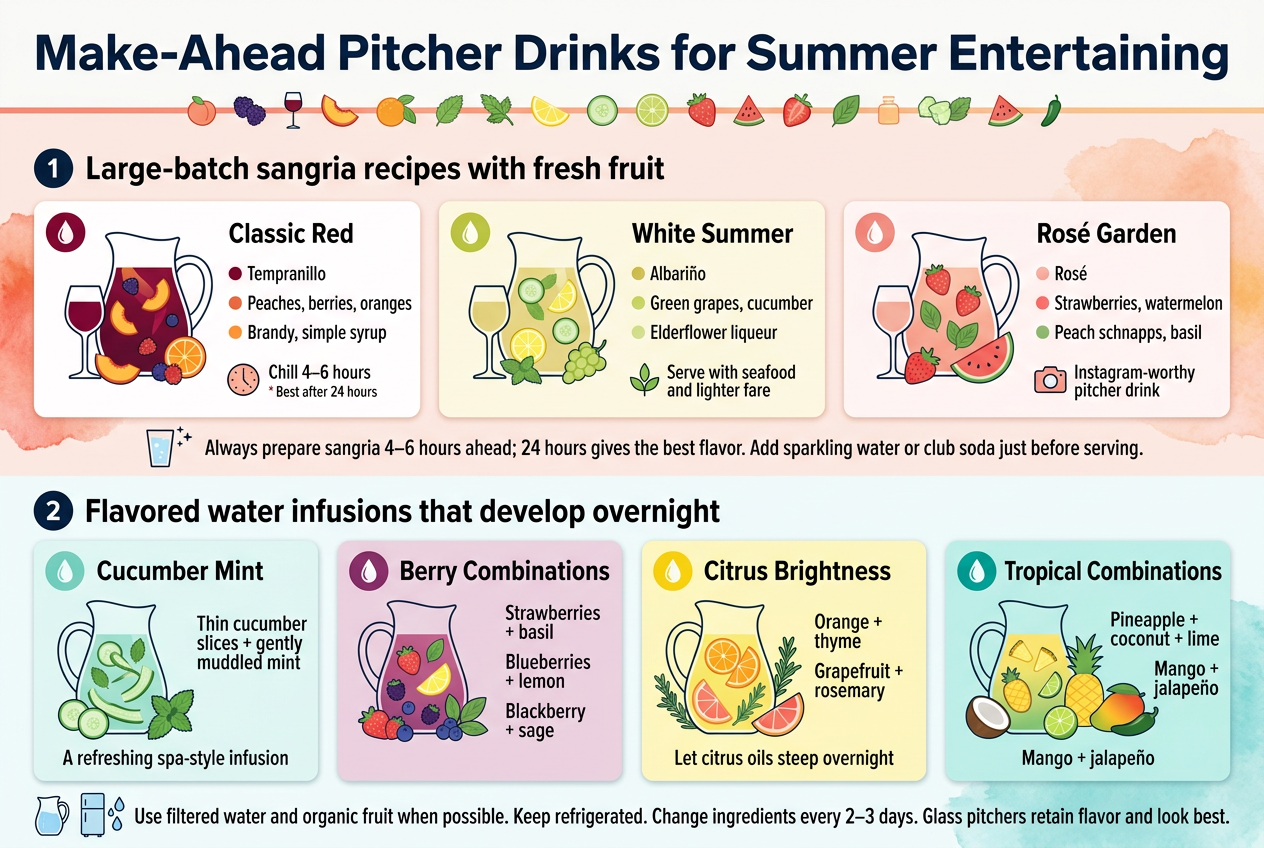 Create a full-bleed 3:2 landscape infographic with a clean modern summer aesthetic, white background with soft watercolor accents in coral, peach, citrus yellow, mint, and cool blue. Use bold sans-serif typography for headings and a readable clean sans-serif for body text. 

Top header across the full width: large bold title in dark navy text, "Make-Ahead Pitcher Drinks for Summer Entertaining". Add a thin decorative line of fruit and herb icons under the title.

Main layout: two wide horizontal content bands stacked vertically, each with three illustrated recipe cards in a row, using bright flat-design pitcher illustrations, fruit slices, herbs, and glassware icons.

SECTION 1 — upper band, left-aligned heading:
"Large-batch sangria recipes with fresh fruit"
Place three equal cards across the width with colored circular icons and ingredient callouts.

Card 1: red sangria, deep ruby and orange accents, pitcher icon with wine glass.
Text:
"Classic Red"
"Tempranillo"
"Peaches, berries, oranges"
"Brandy, simple syrup"
Add a small clock icon with text: "Chill 4–6 hours"
Add a tiny sparkle note: "Best after 24 hours"

Card 2: white sangria, pale gold and green accents, pitcher icon with citrus and mint.
Text:
"White Summer"
"Albariño"
"Green grapes, cucumber"
"Elderflower liqueur"
Add a small leaf icon and a note: "Serve with seafood and lighter fare"

Card 3: rosé sangria, blush pink and basil green accents, pitcher icon with strawberries and watermelon.
Text:
"Rosé Garden"
"Rosé"
"Strawberries, watermelon"
"Peach schnapps, basil"
Add a small camera icon and note: "Instagram-worthy pitcher drink"

Below the three cards, centered in a narrow horizontal note bar with a chilled glass icon:
"Always prepare sangria 4–6 hours ahead; 24 hours gives the best flavor. Add sparkling water or club soda just before serving."

SECTION 2 — lower band, left-aligned heading:
"Flavored water infusions that develop overnight"
Place four smaller wide cards in a 2-by-2 grid with clear icons and fresh ingredient illustrations.

Card 1: cucumber mint water, cool aqua colors, pitcher with cucumber ribbons and mint sprigs.
Text:
"Cucumber Mint"
"Thin cucumber slices + gently muddled mint"
"A refreshing spa-style infusion"

Card 2: berry herb water, berry purple and green accents, pitcher with strawberries, blueberries, basil.
Text:
"Berry Combinations"
"Strawberries + basil"
"Blueberries + lemon"
"Blackberry + sage"

Card 3: citrus herb water, sunny yellow and rosemary green accents, pitcher with orange and grapefruit slices.
Text:
"Citrus Brightness"
"Orange + thyme"
"Grapefruit + rosemary"
"Let citrus oils steep overnight"

Card 4: tropical infusion, teal and lime accents, pitcher with pineapple, mango, lime, and jalapeño.
Text:
"Tropical Combinations"
"Pineapple + coconut + lime"
"Mango + jalapeño"

Bottom footer strip across the full width with small icons of a glass pitcher, fridge, and water droplets:
"Use filtered water and organic fruit when possible. Keep refrigerated. Change ingredients every 2–3 days. Glass pitchers retain flavor and look best."

Design details: use clear section dividers, simple infographic icons, fruit illustrations, and clean spacing. Emphasize hierarchy with large headings, medium recipe titles, and smaller supporting text. Keep all content readable, organized, and balanced across the wide landscape canvas.