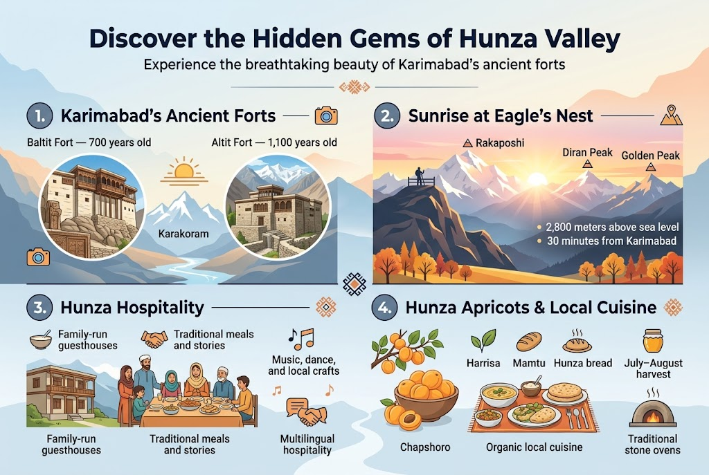 Create a clean, professional travel infographic in a full-bleed wide layout with aspect ratio 3:2, using layered Himalayan mountain scenery as a soft background in cool blues, warm sunrise golds, and apricot orange accents. Use modern sans-serif fonts with a bold title at the top center in dark navy.

Top header text:
"Discover the Hidden Gems of Hunza Valley"
Subtitle beneath in smaller text:
"Experience the breathtaking beauty of Karimabad's ancient forts"

Organize the infographic into 4 wide horizontal sections or 2-column blocks with clear numbered markers, icons, and short text captions.

Section 1 on the upper left: "1. Karimabad’s Ancient Forts"
Include two illustrated fort icons/images side by side:
- Baltit Fort with a rocky outcrop, wooden balconies, carved details
- Altit Fort with restored stone architecture and mountain views
Add small label text beside each:
"Baltit Fort — 700 years old"
"Altit Fort — 1,100 years old"
Include a small camera icon and golden-hour sun icon near the forts. Background elements: Karakoram peaks and a river below.

Section 2 on the upper right: "2. Sunrise at Eagle’s Nest"
Show a viewpoint icon on a high mountain ridge with a sunrise over snow peaks. Include three mountain labels with small peak markers:
"Rakaposhi"
"Diran Peak"
"Golden Peak"
Add text:
"2,800 meters above sea level"
"30 minutes from Karimabad"
Use a glowing sunrise palette of gold, pink, and orange. Include a small silhouette of apricot trees in autumn colors at the bottom of this block.

Section 3 on the lower left: "3. Hunza Hospitality"
Show a welcoming local family scene with a guesthouse, shared meal table, and music/dance symbols. Include small icons for a bowl, handshake, and musical note.
Add short text:
"Family-run guesthouses"
"Traditional meals and stories"
"Music, dance, and local crafts"
"Multilingual hospitality"

Section 4 on the lower right: "4. Hunza Apricots & Local Cuisine"
Show a bowl of golden apricots, apricot tree branches, and traditional dishes arranged neatly:
"Chapshoro"
"Harrisa"
"Mamtu"
"Hunza bread"
"Organic local cuisine"
"July–August harvest"
"Traditional stone ovens"
Add small icons for fruit, leaf, bread, steam, and honey jar.

Use clean divider lines, numbered badges in circles, and a balanced grid. Keep text short and readable. Include small decorative motifs inspired by Hunza patterns. Ensure the layout feels wide and spacious, not vertical, with strong visual hierarchy and clear section separation.
