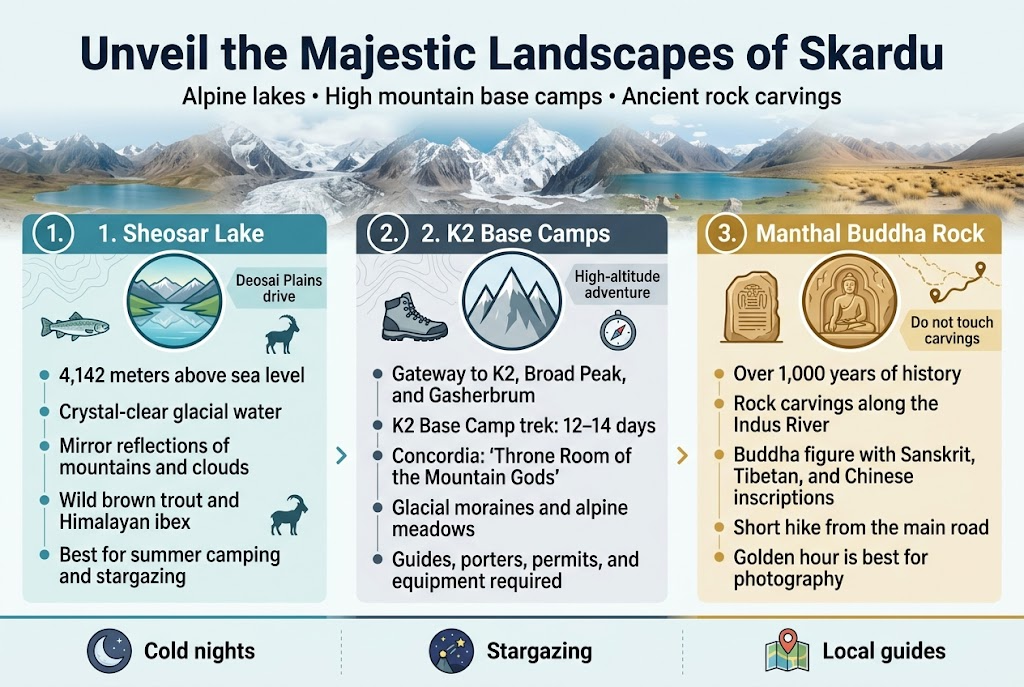 Create a full-bleed professional infographic in a 3:2 aspect ratio with a clean modern travel-editorial style, vivid alpine colors, and strong visual hierarchy. Use a wide horizontal layout with three main side-by-side content sections across the page, plus a bold title bar at the top. Background: subtle panoramic collage of Skardu mountains, glacier, lake, and desert grasslands blended softly behind the sections.

Top title area:
Large bold heading centered at the top in dark navy sans-serif text: "Unveil the Majestic Landscapes of Skardu"
Small subtitle beneath in lighter text: "Alpine lakes • High mountain base camps • Ancient rock carvings"

Main body layout: three wide infographic blocks across the center, each with a numbered badge, a colored header strip, a large icon, and short bullet-style text.

Left section, blue-green themed, header text: "1. Sheosar Lake"
Include a circular lake icon with mirrored mountains, a small trout icon, and a tiny ibex silhouette.
Text bullets:
"4,142 meters above sea level"
"Crystal-clear glacial water"
"Mirror reflections of mountains and clouds"
"Wild brown trout and Himalayan ibex"
"Best for summer camping and stargazing"
Add a small side note badge: "Deosai Plains drive"

Center section, ice-white and slate themed, header text: "2. K2 Base Camps"
Include a mountain icon with three sharp peaks, a trekking boot icon, and a small compass icon.
Text bullets:
"Gateway to K2, Broad Peak, and Gasherbrum"
"K2 Base Camp trek: 12–14 days"
"Concordia: 'Throne Room of the Mountain Gods'"
"Glacial moraines and alpine meadows"
"Guides, porters, permits, and equipment required"
Add a small highlight tag: "High-altitude adventure"

Right section, warm sandstone and gold themed, header text: "3. Manthal Buddha Rock"
Include a carved stone tablet icon, a Buddha relief icon, and a small Silk Road route line icon.
Text bullets:
"Over 1,000 years of history"
"Rock carvings along the Indus River"
"Buddha figure with Sanskrit, Tibetan, and Chinese inscriptions"
"Short hike from the main road"
"Golden hour is best for photography"
Add a small caution tag: "Do not touch carvings"

Bottom strip across the full width:
A slim horizontal footer band with three small illustrated icons and short labels spaced evenly:
"Cold nights" with a crescent moon icon
"Stargazing" with a star cluster icon
"Local guides" with a person-and-map icon

Design details:
Use bold sans-serif typography for headings and clean readable sans-serif for bullets.
Use dark navy text on light backgrounds with accent colors: lake blue, glacier white, alpine green, sandstone gold.
Add subtle map-line accents, mountain contour lines, and small divider arrows between sections.
Keep all text crisp, aligned, and easy to read.
No frame, no border poster, no narrow vertical stacking; use a wide balanced infographic layout.