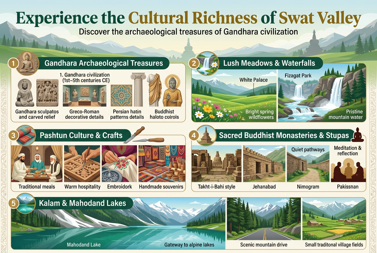 Create a full-bleed landscape infographic in 3:2 aspect ratio about Swat Valley, with a clean professional travel-editorial style, rich colors, and clear visual hierarchy. Use a wide multi-section layout, not a vertical poster.

Top header across the full width: large bold title in dark green and deep gold, serif or modern sans-serif mix, reading "Experience the Cultural Richness of Swat Valley". Add a smaller subtitle beneath it: "Discover the archaeological treasures of Gandhara civilization". Background behind header: soft illustrated panorama of Swat Valley mountains, green hills, and a faint Buddhist stupa silhouette.

Main body organized into 5 horizontal or grid-style sections with numbered circular icons and short text blocks:

1) Left upper section: "Gandhara Archaeological Treasures" with an icon of a Buddha statue and carved stone relief. Include small visuals of Gandhara sculptures, a museum display, and Greco-Roman decorative details. Text block: "1. Gandhara civilization (1st–5th centuries CE)". Add visual motifs of Greek columns, Roman drapery, Persian patterns, and Buddhist halos.

2) Upper center-right section: "Lush Meadows & Waterfalls" with an icon of a waterfall and wildflower. Show rolling green meadows, bright spring wildflowers, white cascading waterfalls, rocky cliffs, and pine trees. Add labels: "White Palace", "Fizagat Park", "Pristine mountain water".

3) Middle left section: "Pashtun Culture & Crafts" with an icon of woven cloth and a wooden carving tool. Show Pashtun hospitality scene, artisan hands making woodwork, embroidery, and metalwork, plus a colorful market with carpets, jewelry, and wooden crafts. Include text: "Traditional meals", "Warm hospitality", "Handmade souvenirs".

4) Middle right section: "Sacred Buddhist Monasteries & Stupas" with an icon of a stupa and meditation pose. Show ancient stone ruins, monastery walls, quiet pathways, and monks' silhouettes. Include labels: "Takht-i-Bahi style", "Jehanabad", "Nimogram", "Meditation & reflection".

5) Bottom wide section spanning the full width: "Kalam & Mahodand Lakes" with an icon of an emerald lake and snow peak. Show Mahodand Lake with mirror-like emerald water, snow-capped mountains, pine forest road, and small traditional village fields. Add text: "Gateway to alpine lakes", "Scenic mountain drive", "Northern Pakistan Tour".

Use color palette: emerald green, turquoise, warm gold, earthy brown, stone gray, and sky blue. Use thin dividing lines, rounded section cards, and clear numbered markers (1–5) in gold circles. Keep all text readable, modern, and balanced. Include subtle decorative borders with Gandhara-inspired motifs along the edges. No photo collage, no vertical poster layout, no empty white space.