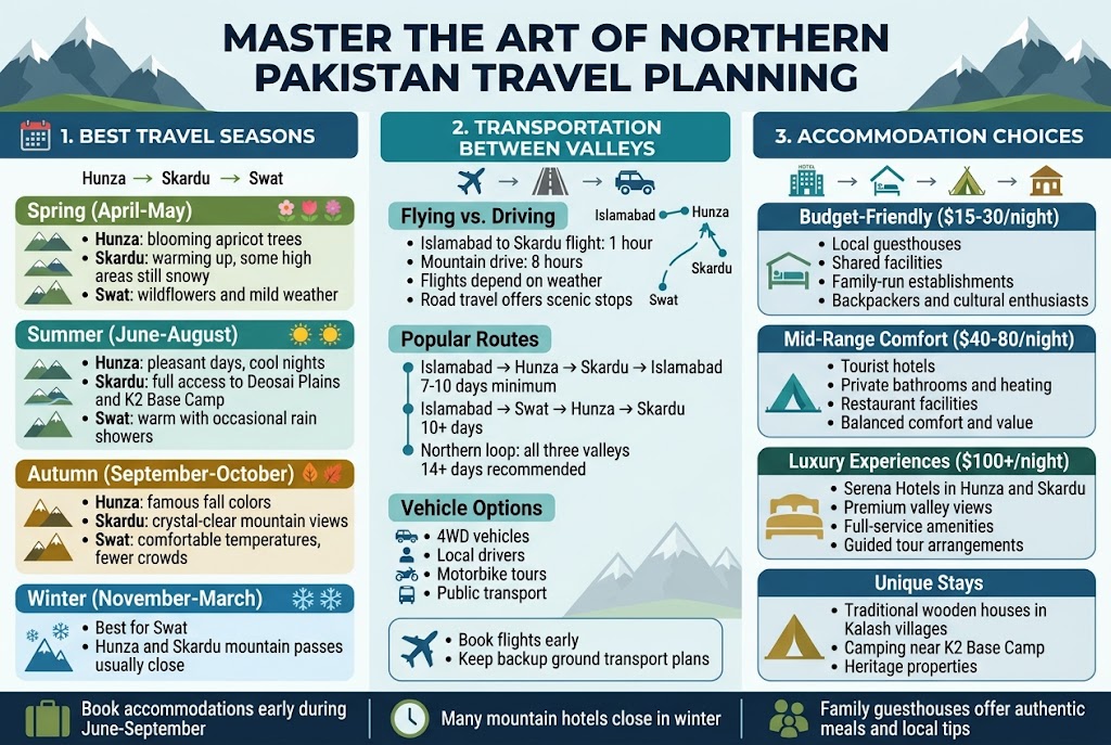 Aspect ratio 3:2, full-bleed wide infographic illustration, clean professional travel-planning style, modern flat vector design with subtle mountain landscape accents, crisp typography, blue-teal-green-gold color palette with white background sections and colored headers, no border frame.

Top center: large bold title in dark navy text, "Master the Art of Northern Pakistan Travel Planning"

Below title, three wide horizontal content bands arranged left-to-right in a 3-column layout with clear visual hierarchy and simple icons.

LEFT COLUMN: "1. Best Travel Seasons" with a calendar icon and four seasonal blocks.
Include small valley icons for Hunza, Skardu, and Swat.
Text blocks:
"Spring (April-May)"
- "Hunza: blooming apricot trees"
- "Skardu: warming up, some high areas still snowy"
- "Swat: wildflowers and mild weather"

"Summer (June-August)"
- "Hunza: pleasant days, cool nights"
- "Skardu: full access to Deosai Plains and K2 Base Camp"
- "Swat: warm with occasional rain showers"

"Autumn (September-October)"
- "Hunza: famous fall colors"
- "Skardu: crystal-clear mountain views"
- "Swat: comfortable temperatures, fewer crowds"

"Winter (November-March)"
- "Best for Swat"
- "Hunza and Skardu mountain passes usually close"

Use small sun, leaf, snowflake, and flower icons beside each season.

CENTER COLUMN: "2. Transportation Between Valleys" with airplane, road, and 4WD icons.
Add a small route map line with arrows between Islamabad, Hunza, Skardu, Swat.
Text blocks:
"Flying vs. Driving"
- "Islamabad to Skardu flight: 1 hour"
- "Mountain drive: 8 hours"
- "Flights depend on weather"
- "Road travel offers scenic stops"

"Popular Routes"
- "Islamabad → Hunza → Skardu → Islamabad"
- "7-10 days minimum"
- "Islamabad → Swat → Hunza → Skardu"
- "10+ days"
- "Northern loop: all three valleys"
- "14+ days recommended"

"Vehicle Options"
- "4WD vehicles"
- "Local drivers"
- "Motorbike tours"
- "Public transport"

Add small note box at bottom with airplane icon:
"Book flights early"
"Keep backup ground transport plans"

RIGHT COLUMN: "3. Accommodation Choices" with hotel, guesthouse, tent, and heritage-house icons.
Use three stacked pricing cards and one unique-stays card.
Text blocks:
"Budget-Friendly ($15-30/night)"
- "Local guesthouses"
- "Shared facilities"
- "Family-run establishments"
- "Backpackers and cultural enthusiasts"

"Mid-Range Comfort ($40-80/night)"
- "Tourist hotels"
- "Private bathrooms and heating"
- "Restaurant facilities"
- "Balanced comfort and value"

"Luxury Experiences ($100+/night)"
- "Serena Hotels in Hunza and Skardu"
- "Premium valley views"
- "Full-service amenities"
- "Guided tour arrangements"

"Unique Stays"
- "Traditional wooden houses in Kalash villages"
- "Camping near K2 Base Camp"
- "Heritage properties"

Bottom wide footer strip across all columns with suitcase and clock icons:
"Book accommodations early during June-September"
"Many mountain hotels close in winter"
"Family guesthouses offer authentic meals and local tips"

Use strong section headers in bold uppercase, white text on colored bars, clear bullet points, small visual markers, balanced spacing, readable sans-serif font, infographic icons for mountains, road, plane, hotel, calendar, weather, and tents, wide landscape composition, no centered vertical poster layout.