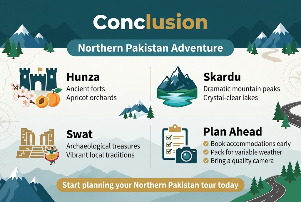 3:2 wide full-bleed infographic illustration, clean professional travel brochure style, modern sans-serif fonts, rich alpine color palette of deep teal, mountain blue, emerald green, warm gold, and white, subtle textured background with layered mountains and faint map خطوط, no frame, no inset margins.

Top center: large bold heading in white and gold, exact text: "Conclusion"

Below the heading, a wide horizontal subheading banner with exact text: "Northern Pakistan Adventure"

Main layout: four balanced content blocks across a wide two-row grid, each with a clear icon, bold section title, and short body text.

Left top block: a stylized fort icon beside a cluster of apricot blossoms and apricot fruit, with the title in bold: "Hunza" and body text: "Ancient forts" on one line and "Apricot orchards" on the next line.

Right top block: a dramatic mountain peak icon above a crystal-clear lake icon, with the title in bold: "Skardu" and body text: "Dramatic mountain peaks" on one line and "Crystal-clear lakes" on the next line.

Left bottom block: an archaeological ruins icon with a small cultural dance motif, with the title in bold: "Swat" and body text: "Archaeological treasures" on one line and "Vibrant local traditions" on the next line.

Right bottom block: a planning checklist icon and camera icon, with the title in bold: "Plan Ahead" and body text in three bullet points with small checkmarks: "Book accommodations early" "Pack for variable weather" "Bring a quality camera"

Bottom center, prominent call-to-action in gold text inside a rounded banner: "Start planning your Northern Pakistan tour today"

Add small decorative elements of snow-capped peaks, pine trees, winding road, and subtle compass lines around the sections, keeping the layout open and balanced, with strong visual hierarchy and crisp legible text.