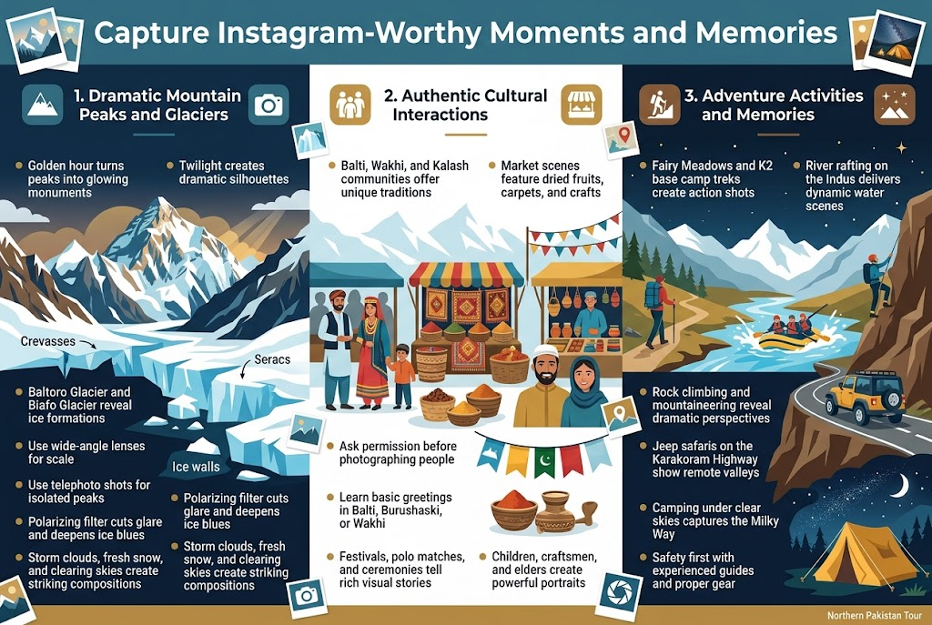 Create a full-bleed professional infographic in 3:2 aspect ratio with a clean modern travel design, bold sans-serif typography, rich alpine color palette of deep navy, glacier blue, white, warm gold, and earthy brown. Place a large bold title across the top: "Capture Instagram-Worthy Moments and Memories". Use a wide horizontal layout with three main numbered sections arranged left to right, each in a distinct color block with icons and short bullet points. Add subtle mountain textures, glacier shapes, and travel photography accents in the background. Use crisp flat-vector illustration style with high contrast and clear visual hierarchy.

SECTION 1 on the left: "1. Dramatic Mountain Peaks and Glaciers"
Include a mountain icon, a glacier icon, and a camera icon. Show towering peaks, snowy ridgelines, and blue glacier ice. Add short bullet text:
"Golden hour turns peaks into glowing monuments"
"Twilight creates dramatic silhouettes"
"Baltoro Glacier and Biafo Glacier reveal ice formations"
"Use wide-angle lenses for scale"
"Use telephoto shots for isolated peaks"
"Polarizing filter cuts glare and deepens ice blues"
"Storm clouds, fresh snow, and clearing skies create striking compositions"
Use small visual markers for crevasses, seracs, ice walls, clouds, and sun rays.

SECTION 2 in the center: "2. Authentic Cultural Interactions"
Include a people icon, market icon, and festival icon. Show local communities, colorful market stalls, carpets, spices, and smiling people. Add short bullet text:
"Balti, Wakhi, and Kalash communities offer unique traditions"
"Market scenes feature dried fruits, carpets, and crafts"
"Ask permission before photographing people"
"Learn basic greetings in Balti, Burushaski, or Wakhi"
"Festivals, polo matches, and ceremonies tell rich visual stories"
"Children, craftsmen, and elders create powerful portraits"
Use visual symbols for cultural clothing, spice baskets, handcrafted goods, and festival flags.

SECTION 3 on the right: "3. Adventure Activities and Memories"
Include an adventure icon, trekking icon, rafting icon, and starry sky icon. Show a trekking trail, rafting river, climbing cliff, jeep on mountain road, and a camping tent under the Milky Way. Add short bullet text:
"Fairy Meadows and K2 base camp treks create action shots"
"River rafting on the Indus delivers dynamic water scenes"
"Rock climbing and mountaineering reveal dramatic perspectives"
"Jeep safaris on the Karakoram Highway show remote valleys"
"Camping under clear skies captures the Milky Way"
"Safety first with experienced guides and proper gear"
Use strong motion lines, splashing water, steep cliffs, winding roads, and stars.

Place small decorative photo-frame icons, map pins, and camera shutter symbols between sections. Keep all text sharp, legible, and neatly aligned. Use white text on dark panels and dark text on light panels. Add a subtle bottom strip with small text: "Northern Pakistan Tour". No inset margins, no poster frame, no crowded vertical stack.