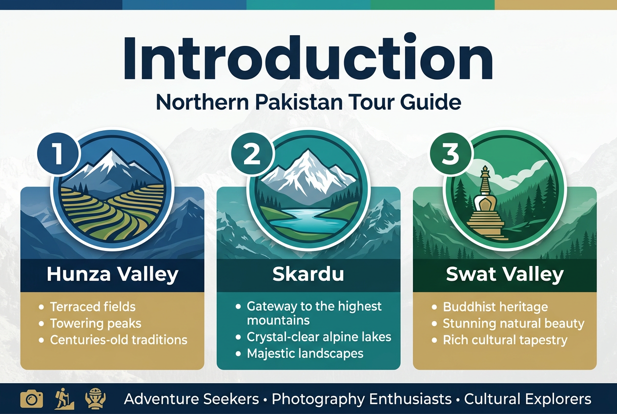 Full-bleed infographic illustration in 3:2 aspect ratio, clean professional travel-guide design, wide horizontal layout with a bold top heading and three evenly spaced destination sections across the page. Use a modern sans-serif font, strong visual hierarchy, deep blue, teal, emerald, sandy gold, and crisp white accents, with subtle mountain texture background and high-contrast text panels.

Top center heading in large bold text: "Introduction"
Directly below in smaller text: "Northern Pakistan Tour Guide"

Across the middle, create three side-by-side illustrated destination blocks with numbered markers and icons:

Left block:
Large number badge "1"
Blue circular icon with terraced fields and a mountain peak
Title: "Hunza Valley"
Bullet text:
"Terraced fields"
"Towering peaks"
"Centuries-old traditions"

Center block:
Large number badge "2"
Teal circular icon with a snow-capped mountain and alpine lake
Title: "Skardu"
Bullet text:
"Gateway to the highest mountains"
"Crystal-clear alpine lakes"
"Majestic landscapes"

Right block:
Large number badge "3"
Green circular icon with a Buddhist stupa and pine-covered valley
Title: "Swat Valley"
Bullet text:
"Buddhist heritage"
"Stunning natural beauty"
"Rich cultural tapestry"

Add a slim bottom banner across the full width with small travel icons for photography, hiking, and culture, and the text:
"Adventure Seekers • Photography Enthusiasts • Cultural Explorers"

Use clean aligned blocks, clear spacing, crisp labels, and elegant infographic styling with mountain scenery integrated into each section.