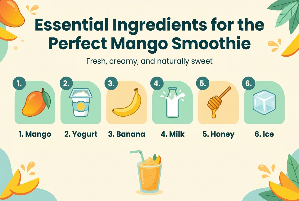 Create a full-bleed 3:2 infographic illustration in a clean, modern flat vector style about a mango smoothie recipe. Use a bright tropical color palette with mango orange, sunny yellow, creamy white, mint green, and soft teal accents. Add a bold headline at the top in large friendly sans-serif text: "Essential Ingredients for the Perfect Mango Smoothie".

Arrange the content in a wide horizontal layout with six evenly spaced ingredient blocks across the center, each with a numbered circle, a clear icon, and a short label. Use strong visual hierarchy, crisp lines, and plenty of open space.

Include these sections and exact text:
1. A ripe mango icon with the label "1. Mango"
2. A yogurt cup icon with the label "2. Yogurt"
3. A banana icon with the label "3. Banana"
4. A milk splash or milk bottle icon with the label "4. Milk"
5. A honey dipper icon with the label "5. Honey"
6. An ice cube icon with the label "6. Ice"

Add a small subtitle under the title in medium text: "Fresh, creamy, and naturally sweet"

Use subtle tropical decorative accents such as mango slices, leaves, and small smoothie splashes around the edges, but keep the layout clean and professional. Place the title at the top, ingredient blocks across the middle, and a small blended mango smoothie glass illustration at the bottom center with a straw and mango garnish. Use bold dark teal text on a light creamy background for high contrast.