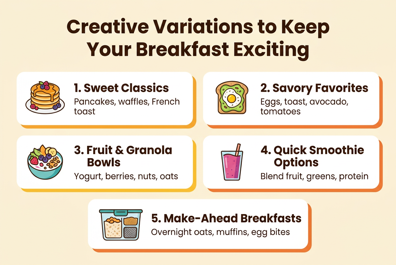 Create a full-bleed 3:2 infographic illustration with a clean modern kitchen-style aesthetic on a warm cream background, accented with orange, yellow, teal, and berry red. Large bold heading across the top center in a friendly sans-serif font: "Creative Variations to Keep Your Breakfast Exciting". Below the heading, arrange five wide horizontal content blocks in a two-row layout with clear spacing, using rounded cards and simple flat icons.

Block 1 on the left: a golden pancake stack icon with berries and syrup, title text "1. Sweet Classics", and small body text "Pancakes, waffles, French toast".  
Block 2 on the right: a green avocado toast icon with egg and seeds, title text "2. Savory Favorites", and small body text "Eggs, toast, avocado, tomatoes".  
Block 3 on the left lower section: a colorful yogurt bowl icon with fruit and granola, title text "3. Fruit & Granola Bowls", and small body text "Yogurt, berries, nuts, oats".  
Block 4 on the right lower section: a smoothie glass icon in pink and purple, title text "4. Quick Smoothie Options", and small body text "Blend fruit, greens, protein".  
Block 5 spans the bottom wide section: a meal-prep container icon with overnight oats and chia seeds, title text "5. Make-Ahead Breakfasts", and small body text "Overnight oats, muffins, egg bites".

Use bold numbered badges for each block, simple line icons, subtle drop shadows, and clear hierarchy with the title largest, section titles medium-bold, and body text smaller. Keep the layout balanced, spacious, professional, and easy to scan, with all text crisp and readable.