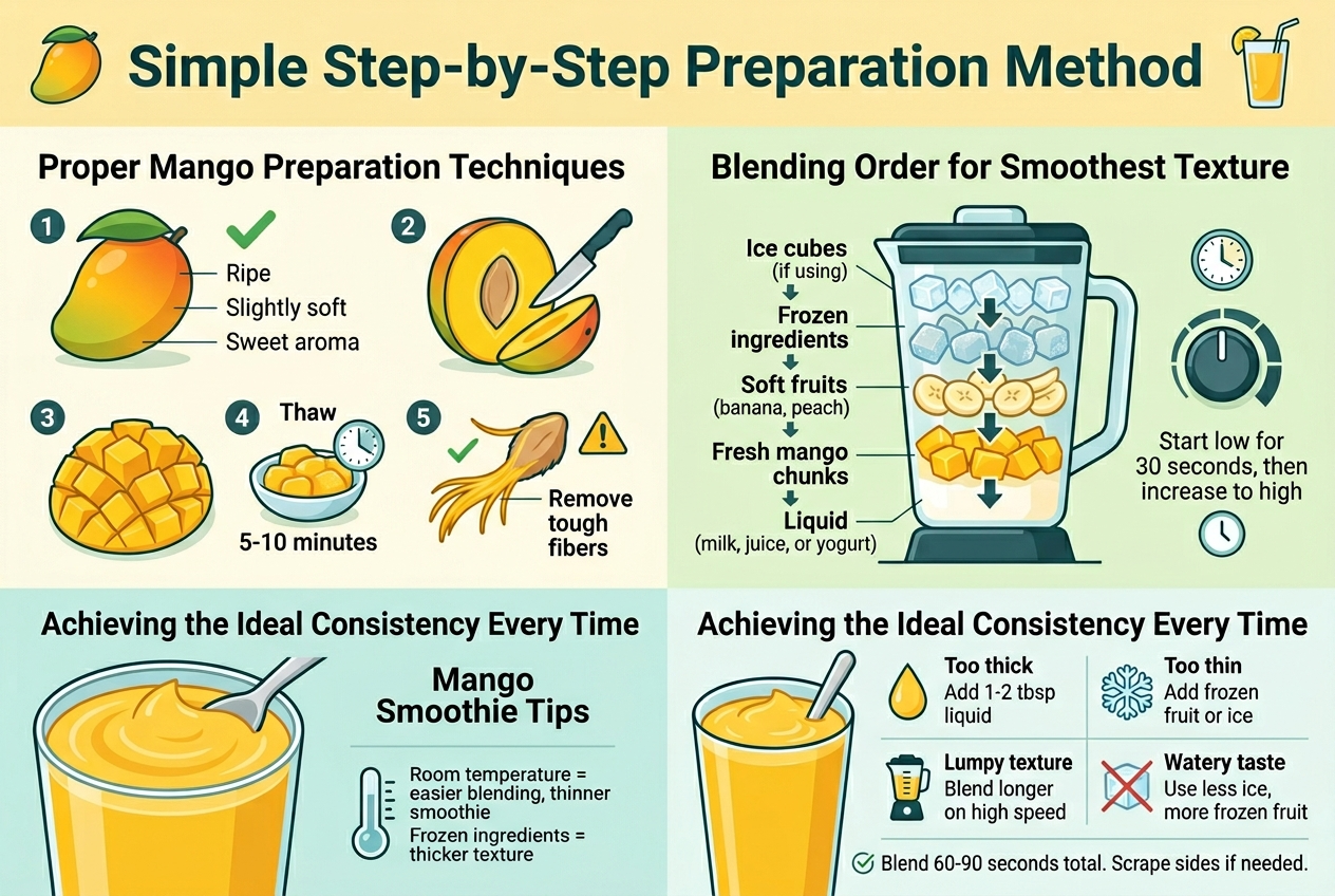 Create a clean, modern full-bleed infographic illustration in a 3:2 aspect ratio about mango smoothie preparation, using a fresh tropical color palette of mango yellow, leaf green, white, and soft teal accents. Use bold sans-serif typography, strong visual hierarchy, and wide horizontal sections with no vertical poster frame.

Top header across the full width: large bold title text in dark teal, "Simple Step-by-Step Preparation Method". Add a small mango icon or smoothie glass icon beside the title.

Main layout: three wide horizontal sections arranged from top to bottom, each section using two-column or three-column blocks with icons and short text.

SECTION 1, left side and center: heading text, "Proper Mango Preparation Techniques". Show a sequence of mango prep illustrations:
- A whole ripe mango with a green checkmark and small labels: "Ripe", "Slightly soft", "Sweet aroma"
- A mango sliced around the pit with a knife icon and visible flat pit in the center
- A crosshatch-scored mango half with cubes pushed outward in the hedgehog style
- A small frozen mango bowl with a thaw timer icon and text: "Thaw 5-10 minutes"
- A fibrous mango strand icon near the pit with a warning symbol and text: "Remove tough fibers"
Use small numbered markers 1 to 5 beside each prep step.

SECTION 2, center wide block: heading text, "Blending Order for Smoothest Texture". Show a large blender jar diagram in the center with layered ingredients from bottom to top:
- Bottom layer: liquid with text, "Liquid (milk, juice, or yogurt)"
- Next layer: fresh mango chunks with text, "Fresh mango chunks"
- Next layer: soft fruit slices with text, "Soft fruits (banana, peach)"
- Next layer: frozen mango pieces with text, "Frozen ingredients"
- Top layer: ice cubes with text, "Ice cubes (if using)"
Add downward stacking arrows between layers. To the right of the blender jar, show a speed dial or power knob icon with text: "Start low for 30 seconds, then increase to high". Add a small clock icon.

SECTION 3, bottom full-width block: heading text, "Achieving the Ideal Consistency Every Time". Show a smooth mango smoothie in a blender cup and spoon, with a thick but pourable texture. Include a 2x2 troubleshooting grid with clear labels and small icons:
- "Too thick" — liquid drop icon — "Add 1-2 tbsp liquid"
- "Too thin" — frozen fruit icon — "Add frozen fruit or ice"
- "Lumpy texture" — blender pulse icon — "Blend longer on high speed"
- "Watery taste" — crossed-out ice cube icon — "Use less ice, more frozen fruit"
Add a small thermometer icon and side note text: "Room temperature = easier blending, thinner smoothie" and "Frozen ingredients = thicker texture". Add a final checklist line at the bottom: "Blend 60-90 seconds total. Scrape sides if needed."

Use crisp flat vector illustration style, bright but balanced colors, subtle shadows, clean spacing, and clear readable text blocks. Place all text exactly as written in quotation marks. No borders around the whole composition. Full-bleed background with light cream or very pale tropical gradient.