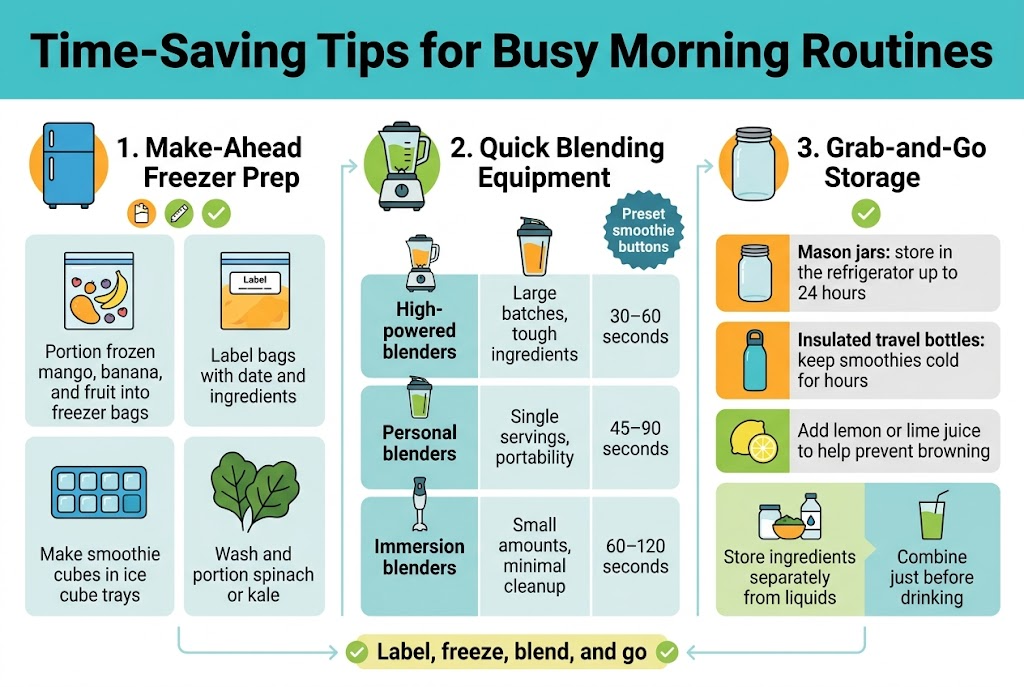 Create a clean, modern infographic illustration in a full-bleed 3:2 landscape layout with a bright kitchen-inspired color palette of teal, mango orange, fresh green, white, and light gray. Use bold sans-serif typography with a strong title at the top.

Top header across the full width:
"Time-Saving Tips for Busy Morning Routines"

Below the title, arrange the content in three wide horizontal sections with clear icons and easy-to-scan blocks, not a vertical poster.

Left section: "1. Make-Ahead Freezer Prep"
Include a blue freezer icon and small prep icons. Show four mini callout boxes with simple illustrations:
- "Portion frozen mango, banana, and fruit into freezer bags"
- "Label bags with date and ingredients"
- "Make smoothie cubes in ice cube trays"
- "Wash and portion spinach or kale"
Add a small freezer bag graphic and ice cube tray graphic.

Center section: "2. Quick Blending Equipment"
Include a sleek blender icon and three comparison rows in a clean table-style block:
- "High-powered blenders" | "Large batches, tough ingredients" | "30–60 seconds"
- "Personal blenders" | "Single servings, portability" | "45–90 seconds"
- "Immersion blenders" | "Small amounts, minimal cleanup" | "60–120 seconds"
Add small icons for a countertop blender, personal blender cup, and immersion blender. Add a small badge that says "Preset smoothie buttons"

Right section: "3. Grab-and-Go Storage"
Include a mason jar icon and a travel bottle icon. Show three stacked tips with small icons:
- "Mason jars: store in the refrigerator up to 24 hours"
- "Insulated travel bottles: keep smoothies cold for hours"
- "Add lemon or lime juice to help prevent browning"
Add a small split graphic showing "Store ingredients separately from liquids" and "Combine just before drinking"

At the bottom, include a slim highlighted banner with the text:
"Label, freeze, blend, and go"
Use subtle arrows and checkmarks connecting the sections to suggest an easy morning workflow. Keep the layout airy, organized, and highly legible, with no extra text beyond the words shown.