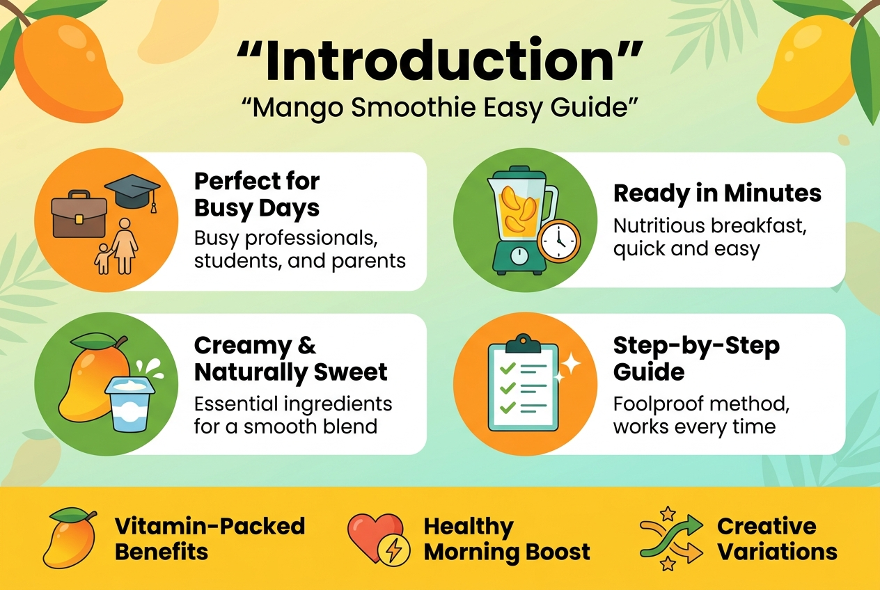 3:2 landscape full-bleed infographic illustration, clean modern flat vector style, bright fresh colors (mango orange, tropical yellow, leaf green, white, light teal), bold sans-serif typography with clear hierarchy.

Top center: large bold heading text in quotes: "Introduction"
Directly below, smaller subtitle text in quotes: "Mango Smoothie Easy Guide"

Across the middle, four wide horizontal content blocks arranged in a 2x2 grid, each with a colored circular icon on the left and short text on the right:

Block 1, top left: icon of a briefcase, graduation cap, and parent with child; heading text: "Perfect for Busy Days"; body text: "Busy professionals, students, and parents"
Block 2, top right: icon of a blender with mango slices and a clock; heading text: "Ready in Minutes"; body text: "Nutritious breakfast, quick and easy"
Block 3, bottom left: icon of a mango, yogurt cup, and milk splash; heading text: "Creamy & Naturally Sweet"; body text: "Essential ingredients for a smooth blend"
Block 4, bottom right: icon of a checklist with a sparkle; heading text: "Step-by-Step Guide"; body text: "Foolproof method, works every time"

Bottom wide banner section with three small icon callouts spaced horizontally:
Icon of a mango with leaf, text: "Vitamin-Packed Benefits"
Icon of a heart and energy bolt, text: "Healthy Morning Boost"
Icon of mixing arrows and flavor stars, text: "Creative Variations"

Background with subtle tropical gradient, faint mango and leaf pattern accents, clean spacing, strong contrast, professional infographic layout, no frame, no border, no inset margins.