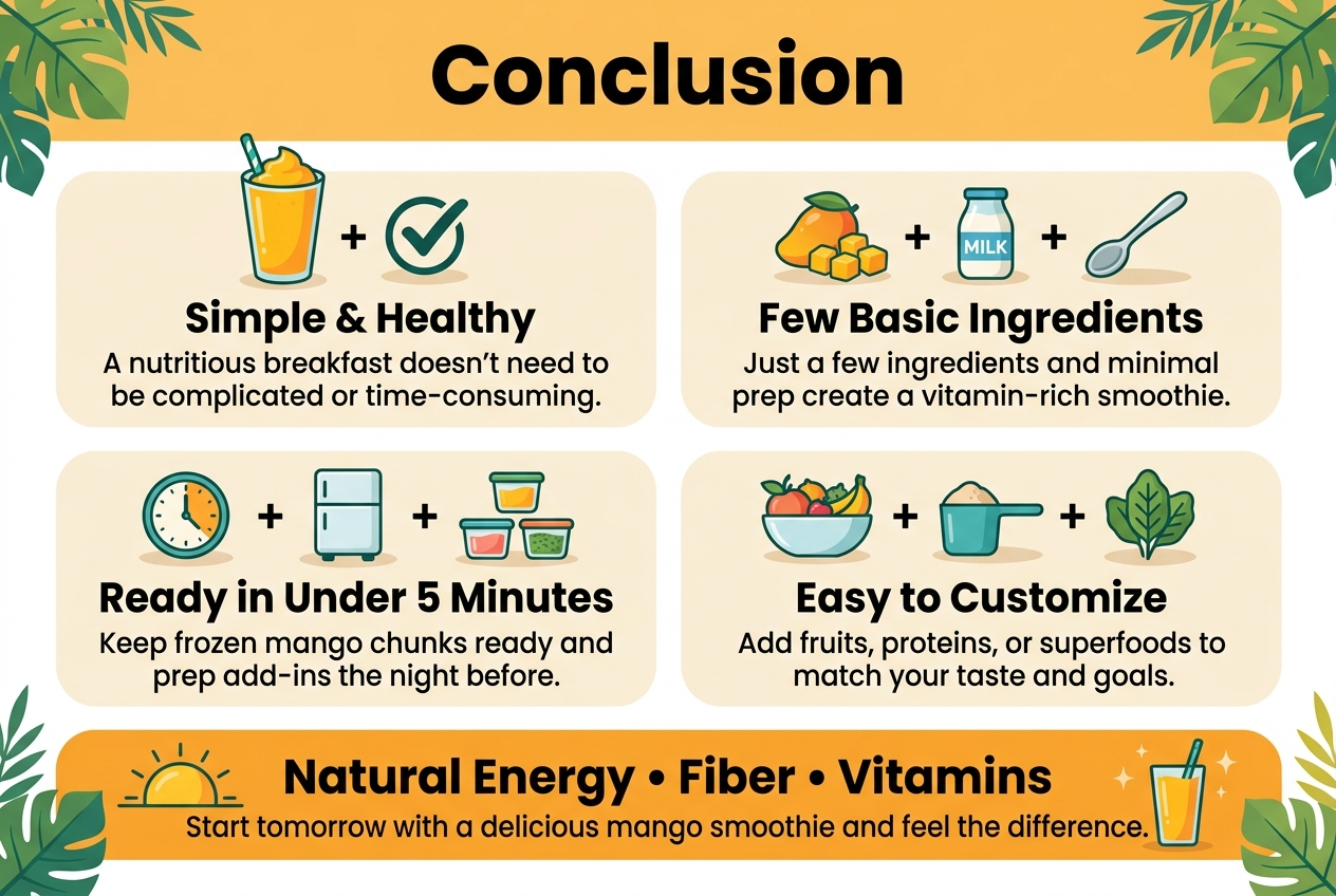 Full-bleed infographic illustration in 3:2 aspect ratio, clean modern professional style, tropical fresh color palette with mango orange, leafy green, cream, and teal accents, bold sans-serif typography, strong visual hierarchy, wide horizontal layout with multiple sections instead of a narrow vertical stack.

Top header bar across full width with large bold title text: "Conclusion"

Main center area with four wide rounded content blocks arranged in a 2x2 grid:

Block 1 on upper left with a bright mango smoothie glass icon and a checkmark icon, heading text: "Simple & Healthy", body text: "A nutritious breakfast doesn't need to be complicated or time-consuming."

Block 2 on upper right with icons of mango chunks, milk/yogurt, and a spoon, heading text: "Few Basic Ingredients", body text: "Just a few ingredients and minimal prep create a vitamin-rich smoothie."

Block 3 on lower left with icons of a clock, freezer, and small prep containers, heading text: "Ready in Under 5 Minutes", body text: "Keep frozen mango chunks ready and prep add-ins the night before."

Block 4 on lower right with icons of a fruit bowl, protein scoop, and superfood leaves, heading text: "Easy to Customize", body text: "Add fruits, proteins, or superfoods to match your taste and goals."

Bottom wide banner with a glowing morning sun, smoothie glass, and subtle energy spark icons, centered bold text: "Natural Energy • Fiber • Vitamins" and below it: "Start tomorrow with a delicious mango smoothie and feel the difference."

Use clean white or light cream background with tropical leaf accents in corners, subtle shadows, colorful flat vector icons, clear section dividers, balanced spacing, polished editorial infographic design.