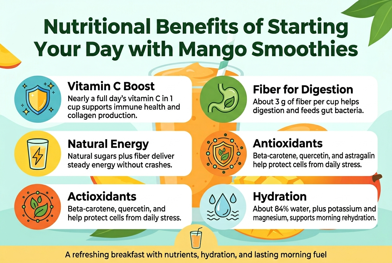 Create a clean, professional full-bleed infographic illustration in a 3:2 landscape aspect ratio about mango smoothies, with a bright fresh tropical color palette of mango orange, leaf green, sunshine yellow, white, and light teal accents. Use modern sans-serif fonts with a bold headline and clear visual hierarchy. Place a large title across the top center in bold dark green text: "Nutritional Benefits of Starting Your Day with Mango Smoothies".  

Arrange five wide horizontal information blocks across the middle and lower area in a balanced multi-column layout, not a narrow vertical poster. Each block should have a colored circular icon on the left, a short bold subheading, and one concise supporting line of text. Include subtle mango slices, smoothie glass, leaves, and soft wave shapes in the background.

Block 1 at upper left: a blue and yellow shield icon with sparkles. Subheading: "Vitamin C Boost". Supporting text: "Nearly a full day’s vitamin C in 1 cup supports immune health and collagen production."  

Block 2 at upper center-right: a green stomach and leaf icon. Subheading: "Fiber for Digestion". Supporting text: "About 3 g of fiber per cup helps digestion and feeds gut bacteria."  

Block 3 at lower left: a yellow lightning bolt inside a smooth glass icon. Subheading: "Natural Energy". Supporting text: "Natural sugars plus fiber deliver steady energy without crashes."  

Block 4 at lower center: an orange antioxidant shield icon with small free-radical dots outside the shield. Subheading: "Antioxidants". Supporting text: "Beta-carotene, quercetin, and astragalin help protect cells from daily stress."  

Block 5 at lower right: a water droplet and electrolyte icon with small wave lines. Subheading: "Hydration". Supporting text: "About 84% water, plus potassium and magnesium, supports morning rehydration."  

Add a small bottom banner spanning the width with a simple smoothie glass illustration centered and the text: "A refreshing breakfast with nutrients, hydration, and lasting morning fuel". Use crisp spacing, clean alignment, and easy-to-read text.