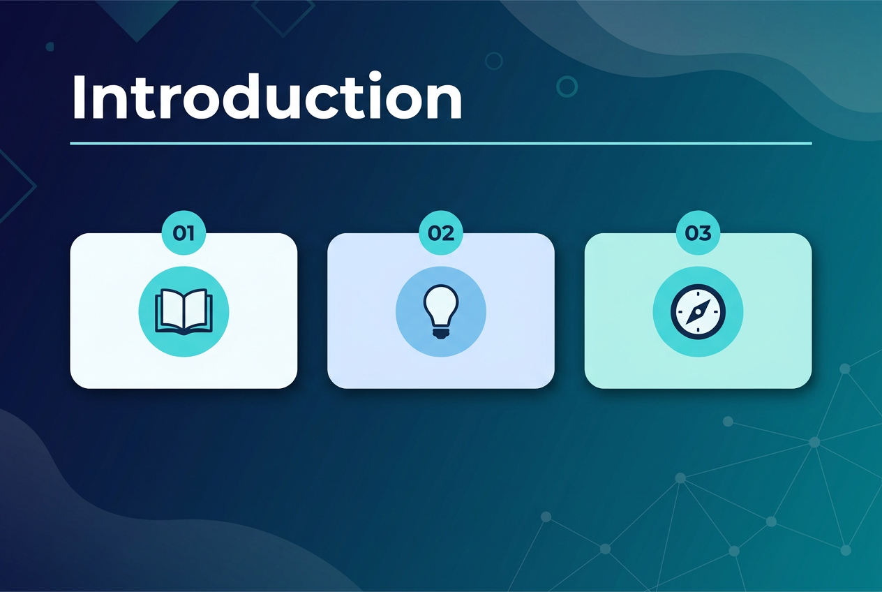 Full-bleed 3:2 infographic illustration in a clean modern style, wide horizontal layout with no inset frame. Deep navy-to-teal gradient background with subtle geometric shapes and soft abstract wave accents. Large bold heading at the top left in white sans-serif font: "Introduction". Under the heading, a thin light-cyan divider line extending across the upper third. Across the center, place three evenly spaced horizontal sections or cards from left to right, each with a simple flat icon inside a colored circle: first card with an open book icon, second card with a lightbulb icon, third card with a compass icon. Use rounded rectangles with soft shadows, alternating shades of white, pale blue, and light teal. Add small numbered markers "01", "02", "03" above each card in matching cyan circles. In the lower right, add a subtle network of connected dots and lines as a background accent. Keep the composition balanced and spacious, professional corporate infographic look, crisp vector shapes, strong visual hierarchy, minimal text, high contrast, modern sans-serif typography.