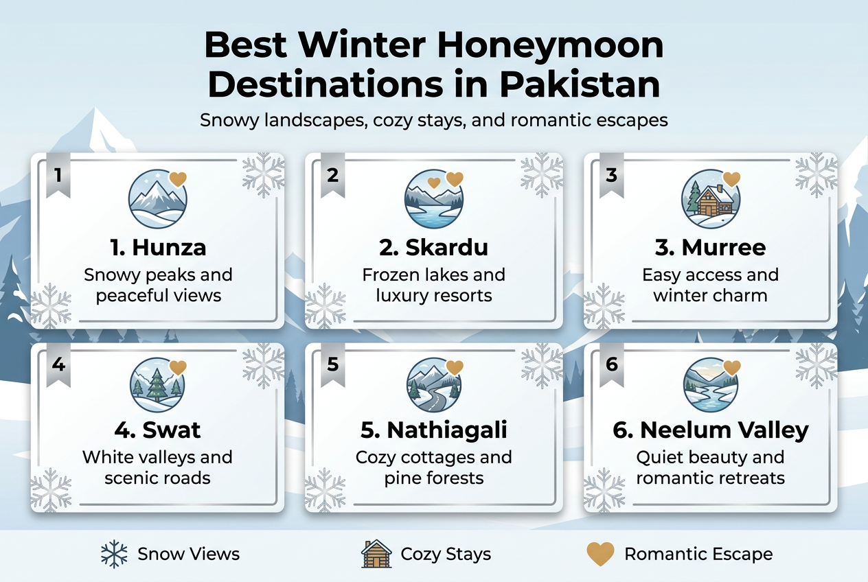 Create a clean, professional full-bleed infographic in a 3:2 aspect ratio about winter honeymoon travel in Pakistan. Use a wide horizontal layout with a bold top title banner and a 2-row grid of destination cards below. Style: elegant travel infographic, crisp vector illustration, snowy alpine scenery, romantic winter mood, soft blue, white, silver, and warm gold accents, modern sans-serif fonts, high contrast, neat spacing. Top center heading in large bold text: "Best Winter Honeymoon Destinations in Pakistan" Under the heading, place a short subtitle in smaller text: "Snowy landscapes, cozy stays, and romantic escapes" Below, arrange 6 evenly spaced destination cards in a 3-column by 2-row grid, each card with a small circular icon, a destination name, and 1 short feature line. Use numbered markers on each card. Card 1, top left: a snow-capped mountain icon with a heart. Text: "1. Hunza" and "Snowy peaks and peaceful views" Card 2, top center: a lake and mountain icon with a heart. Text: "2. Skardu" and "Frozen lakes and luxury resorts" Card 3, top right: a hill station cabin icon with a heart. Text: "3. Murree" and "Easy access and winter charm" Card 4, bottom left: a valley pine tree icon with a heart. Text: "4. Swat" and "White valleys and scenic roads" Card 5, bottom center: a mountain road icon with a heart. Text: "5. Nathiagali" and "Cozy cottages and pine forests" Card 6, bottom right: a riverside valley icon with a heart. Text: "6. Neelum Valley" and "Quiet beauty and romantic retreats" Add a small footer strip along the bottom with three simple feature icons and labels spaced horizontally: a snowflake icon with "Snow Views", a cabin icon with "Cozy Stays", and a heart icon with "Romantic Escape" Use clean white card backgrounds with subtle shadows, thin silver borders, and winter-themed decorative snowflakes in the corners. Keep the layout balanced, wide, and uncluttered, with the title clearly dominant at the top.