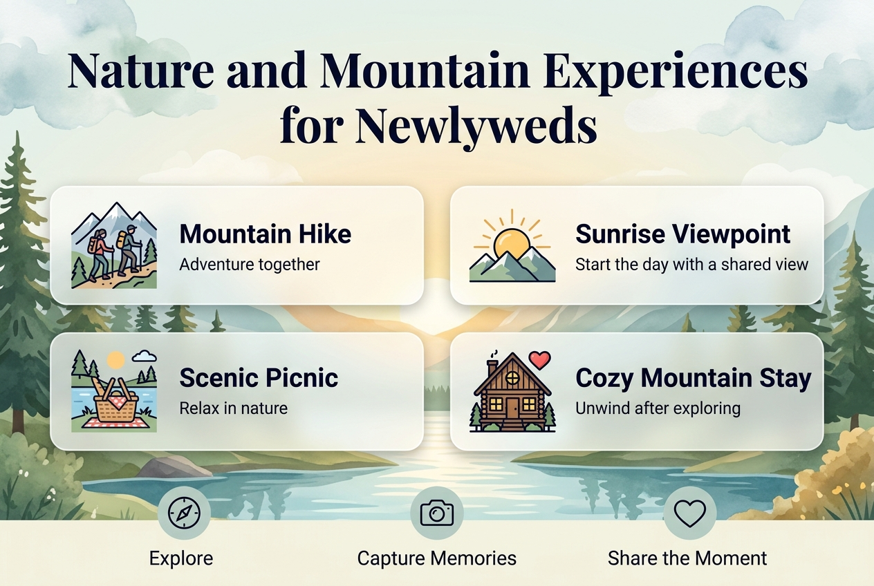 Create a full-bleed clean infographic in a 3:2 aspect ratio with a romantic nature and mountain theme for newlyweds. Use a wide horizontal layout with a bold top heading in elegant dark navy serif text: "Nature and Mountain Experiences for Newlyweds". Background: soft scenic mountain landscape with pine trees, a lake, sunrise glow, and subtle watercolor-style clouds in sage green, sky blue, cream, and warm gold. Across the center, place 4 wide horizontal feature blocks or cards with rounded corners, arranged in two rows of two, using clear icons and short labels: 1. Left top card: a couple hiking on a mountain trail icon, title text "Mountain Hike", small subtitle text "Adventure together". 2. Right top card: sunrise over peaks icon, title text "Sunrise Viewpoint", small subtitle text "Start the day with a shared view". 3. Left bottom card: lakeside picnic basket icon, title text "Scenic Picnic", small subtitle text "Relax in nature". 4. Right bottom card: cabin with warm lights and heart detail icon, title text "Cozy Mountain Stay", small subtitle text "Unwind after exploring". Add a small bottom banner with three simple circular icons and labels spaced horizontally: a compass icon with "Explore", a camera icon with "Capture Memories", and a heart icon with "Share the Moment". Use a professional modern style with soft gradients, crisp line icons, strong contrast, clean typography, and clear visual hierarchy. Keep the composition open and balanced, with the heading at the top, main cards centered, and the small icon labels along the lower third.