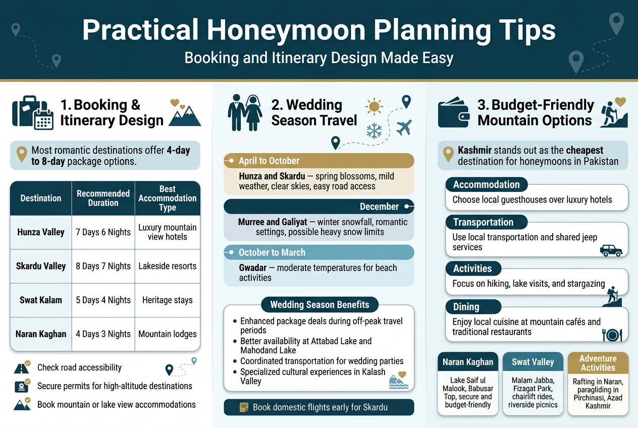 Create a clean, modern infographic in a full-bleed wide 3:2 aspect ratio with a professional travel theme, using deep teal, navy, white, gold, and soft mountain-blue accents. Use a bold sans-serif title at the top: "Practical Honeymoon Planning Tips". Place a smaller subtitle directly below: "Booking and Itinerary Design Made Easy". Use a wide horizontal layout with three main sections across the page, each with icons and clear visual hierarchy. LEFT SECTION: "1. Booking & Itinerary Design" Use a suitcase, calendar, and mountain icon set. Include a short intro block with the text: "Most romantic destinations offer 4-day to 8-day package options." Add a clean destination-duration-accommodation table with four rows and three columns labeled: "Destination", "Recommended Duration", "Best Accommodation Type". Rows: "Hunza Valley | 7 Days 6 Nights | Luxury mountain view hotels" "Skardu Valley | 8 Days 7 Nights | Lakeside resorts" "Swat Kalam | 5 Days 4 Nights | Heritage stays" "Naran Kaghan | 4 Days 3 Nights | Mountain lodges" Below the table, add three small checkmark bullets with icons: "Check road accessibility" "Secure permits for high-altitude destinations" "Book mountain or lake view accommodations" CENTER SECTION: "2. Wedding Season Travel" Use a couple icon, sun, snowflake, and airplane icon. Add a wide timeline-style panel with two seasonal bands: "April to October" with text: "Hunza and Skardu — spring blossoms, mild weather, clear skies, easy road access" "December" with text: "Murree and Galiyat — winter snowfall, romantic settings, possible heavy snow limits" Add a coastal band below: "October to March" with text: "Gwadar — moderate temperatures for beach activities" Add a compact callout box titled "Wedding Season Benefits" with four bullets: "Enhanced package deals during off-peak travel periods" "Better availability at Attabad Lake and Mahodand Lake" "Coordinated transportation for wedding parties" "Specialized cultural experiences in Kalash Valley" Add a small note strip at the bottom of this section: "Book domestic flights early for Skardu" RIGHT SECTION: "3. Budget-Friendly Mountain Options" Use a wallet, guesthouse, jeep, and hiking icon set. Add a highlighted callout at the top of this section: "Kashmir stands out as the cheapest destination for honeymoons in Pakistan". Add three stacked cards with bold labels and short text: "Accommodation" — "Choose local guesthouses over luxury hotels" "Transportation" — "Use local transportation and shared jeep services" "Activities" — "Focus on hiking, lake visits, and stargazing" "Dining" — "Enjoy local cuisine at mountain cafés and traditional restaurants" Add a bottom feature strip with three mini cards: "Naran Kaghan" — "Lake Saif ul Malook, Babusar Top, secure and budget-friendly" "Swat Valley" — "Malam Jabba, Fizagat Park, chairlift rides, riverside picnics" "Adventure Activities" — "Rafting in Naran, paragliding in Pirchinasi, Azad Kashmir" Use strong section headers, rounded cards, subtle map-pin and route line decorations, and small travel symbols like hearts, mountains, lakes, and roads. Keep the layout balanced and easy to scan, with crisp typography and infographic-style spacing. No people needed except small minimalist honeymoon couple icons.