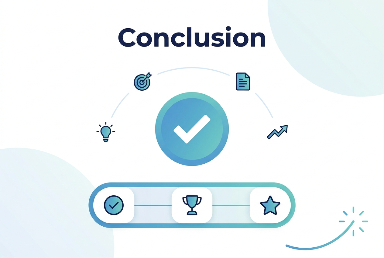 Full-bleed infographic illustration in 3:2 aspect ratio, clean professional modern style, white background with soft blue and teal accents, subtle gradient shapes, no border, no inset margins. Top center: large bold heading in dark navy sans-serif text, exact text: "Conclusion". Center: a large circular blue-green gradient badge with a white checkmark icon inside, surrounded by four small minimalist symbols arranged in a wide horizontal arc: a lightbulb icon on the left, a target icon upper-left, a document icon upper-right, and a rising arrow icon on the right. Lower center: a wide horizontal closing band with three evenly spaced rounded blocks connected by a thin line, each block containing a simple icon only: a checkmark, a trophy, and a star, all in matching navy and teal. Bottom right: a subtle decorative swoosh and small spark lines to suggest finality and completion. Use crisp vector shapes, balanced spacing, strong visual hierarchy, and plenty of open space around the title.