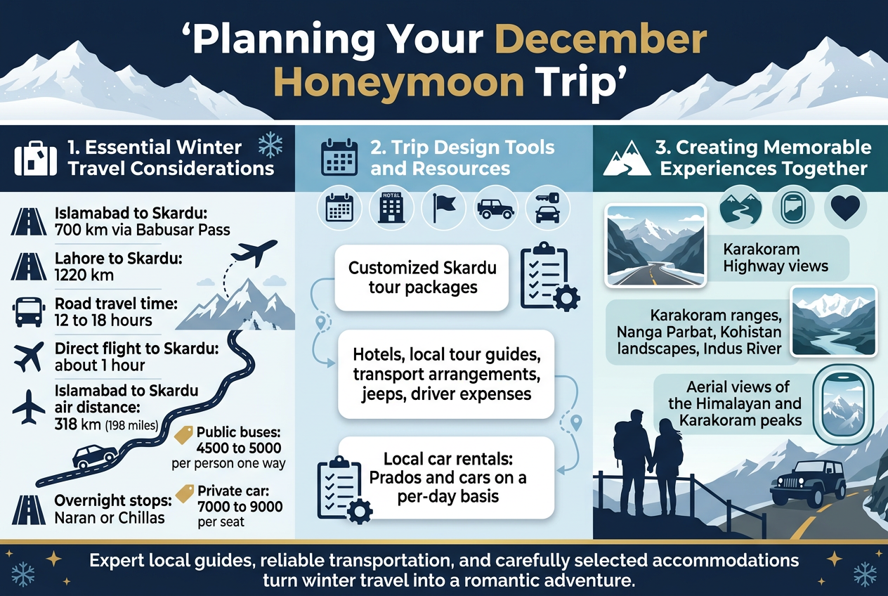 Create a clean professional landscape infographic in a 3:2 aspect ratio, full-bleed edge-to-edge layout, modern travel magazine style, with a winter palette of deep navy, icy blue, white, and warm gold accents. Use bold sans-serif typography with strong visual hierarchy. Place a large title across the top center in white and gold: "Planning Your December Honeymoon Trip". Add a subtle snowy mountain background silhouette across the top banner. Below the title, organize the content into three wide horizontal sections or side-by-side columns with clear icons and numbered labels, avoiding a narrow vertical poster layout. SECTION 1 on the left: heading in bold white on a navy block: "1. Essential Winter Travel Considerations". Include a suitcase icon and a snowflake icon. Add short bullet-style text blocks with small road, plane, and bus icons: - "Islamabad to Skardu: 700 km via Babusar Pass" - "Lahore to Skardu: 1220 km" - "Road travel time: 12 to 18 hours" - "Direct flight to Skardu: about 1 hour" - "Islamabad to Skardu air distance: 318 km (198 miles)" - "Overnight stops: Naran or Chillas" Show a road map line with a car icon, a small airplane icon above it, and a winter mountain route graphic. Include small price tags beside transport options: - "Public buses: 4500 to 5000 per person one way" - "Private car: 7000 to 9000 per seat" SECTION 2 in the center: heading in bold white on an icy blue block: "2. Trip Design Tools and Resources". Include icons of a calendar, hotel building, guide flag, jeep, and car key. Add three stacked rounded cards with concise text: - "Customized Skardu tour packages" - "Hotels, local tour guides, transport arrangements, jeeps, driver expenses" - "Local car rentals: Prados and cars on a per-day basis" Add a small checklist graphic with checkmarks and a gear icon. Use subtle decorative route lines connecting the cards. SECTION 3 on the right: heading in bold white on a dark teal block: "3. Creating Memorable Experiences Together". Include icons of mountains, river, airplane window, and heart. Add three scenic mini-panels or illustrated callouts: - "Karakoram Highway views" - "Karakoram ranges, Nanga Parbat, Kohistan landscapes, Indus River" - "Aerial views of the Himalayan and Karakoram peaks" Add a couple silhouette of two honeymooners near a viewpoint, with a jeep on a mountain road and an airplane window view panel. Add a bottom band spanning the width with a gold accent line and the text in white: "Expert local guides, reliable transportation, and carefully selected accommodations turn winter travel into a romantic adventure." Include small stars and snowflake motifs. Use balanced spacing, crisp labels, and clean infographic icons throughout. Ensure all text is sharp, legible, and exactly as written.