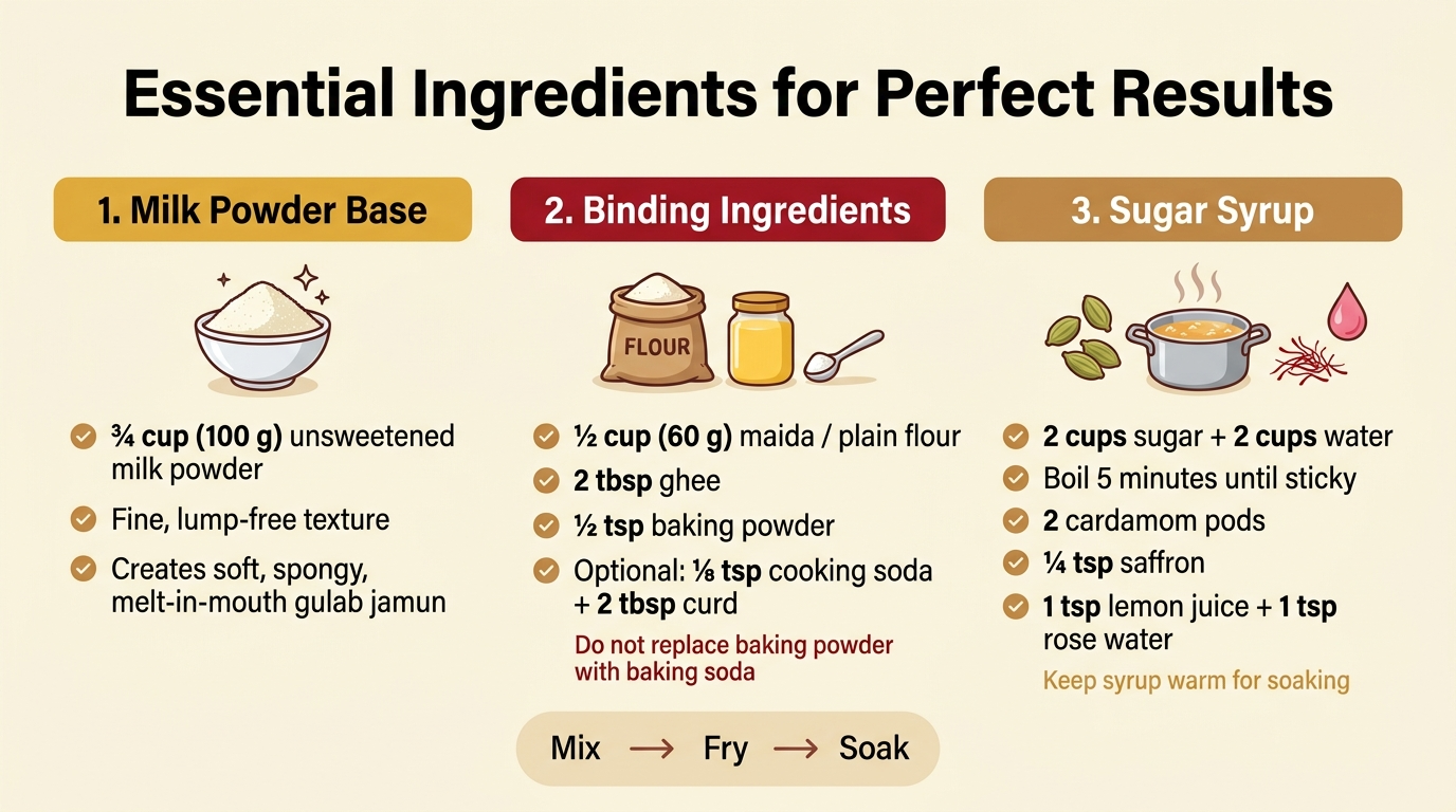16:9 full-bleed infographic illustration, clean modern professional food-design style, warm cream background with saffron gold, deep red, and soft brown accents, crisp sans-serif fonts with bold heading and clear section labels.
Top center large bold title: "Essential Ingredients for Perfect Results"
Below title, create three wide horizontal sections across the canvas, each with a colored header bar and a matching icon on the left.
LEFT SECTION:
Header text: "1. Milk Powder Base"
Icon: a white bowl filled with fine milk powder, small sparkle symbols.
Include three short bullet points with small check icons:
"¾ cup (100 g) unsweetened milk powder"
"Fine, lump-free texture"
"Creates soft, spongy, melt-in-mouth gulab jamun"
MIDDLE SECTION:
Header text: "2. Binding Ingredients"
Icon: a flour sack, ghee jar, and baking powder spoon arranged together.
Include four short bullet points with small check icons:
"½ cup (60 g) maida / plain flour"
"2 tbsp ghee"
"½ tsp baking powder"
"Optional: ⅛ tsp cooking soda + 2 tbsp curd"
Add a small caution label in red: "Do not replace baking powder with baking soda"
RIGHT SECTION:
Header text: "3. Sugar Syrup"
Icon: a pot of simmering syrup with steam, cardamom pods, saffron strands, and a rose water drop.
Include five short bullet points with small check icons:
"2 cups sugar + 2 cups water"
"Boil 5 minutes until sticky"
"2 cardamom pods"
"¼ tsp saffron"
"1 tsp lemon juice + 1 tsp rose water"
Add a small note in warm gold: "Keep syrup warm for soaking"
Bottom center add a simple process strip with 3 illustrated circles connected by arrows:
"Mix" → "Fry" → "Soak"
Use clear spacing, balanced alignment, and strong visual hierarchy, with ingredient quantities emphasized in bold. No border frame, no extra text, no people.